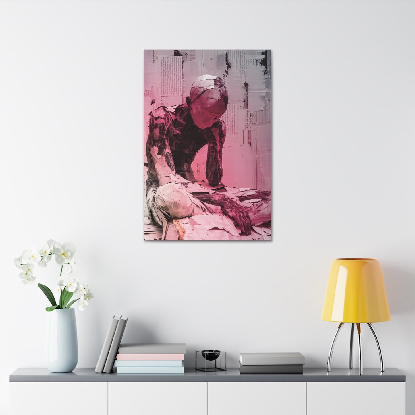 Unique Wall Art for your Home, Apartment, Dorm Room. Pink Gradient Paper Mache Boy. X-cross Applesauce. Somber. Though Provoking Art.