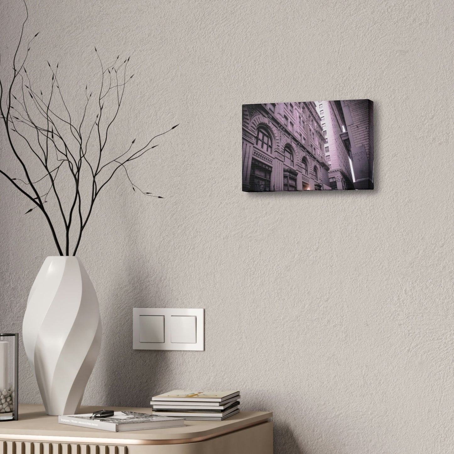 Lilac Universe of Drury Street. Slightly altered photograph of a Philadelphia street. Hints of purple and orange with a tilted perspective.