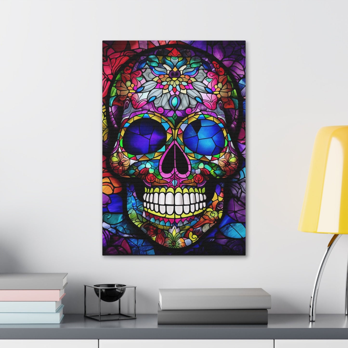 Vibrant Stained Glass Mexican Sugar Skull Print. Unique Wall Art for your Home, Apartment, Dorm Room. Folk Art Inspired Home Decor.