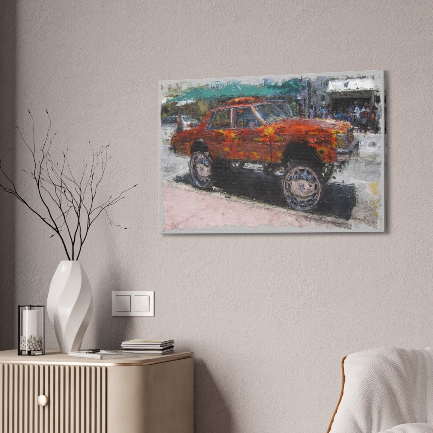 Unique College Dorm or New Apartment Wall Art | Oil Painted Car with Huge Rims. Ai generated.
