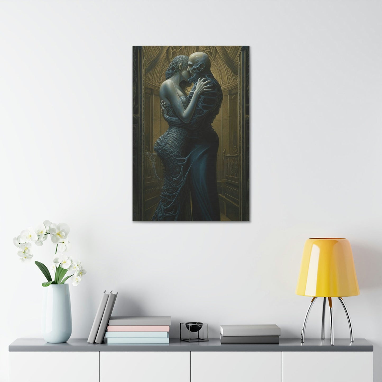 Unique wall art for college apartments or new homes | The Embrace: AI art influenced by H.R Giger and Gustav Klimt's Masterpiece, The Kiss