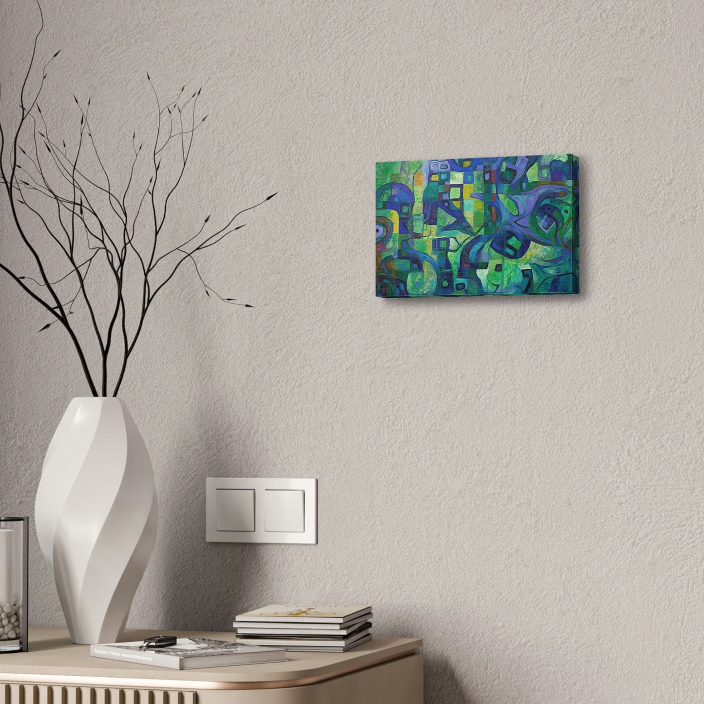 The Octopus: Ai Generated Abstract Painting Style Wall Art. Brightly colored piece. Will brighten up a dull room. Green & purple highlights.