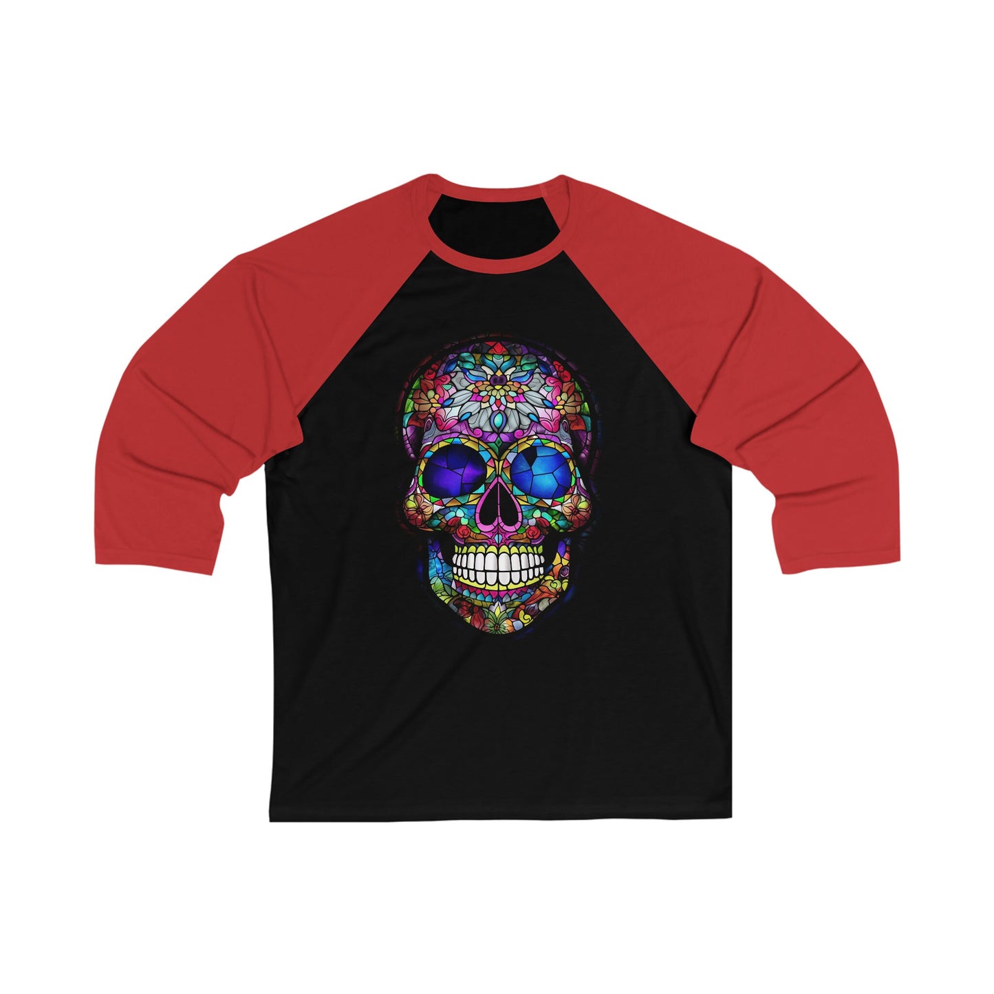 Coolest shirt ever. Unique Baseball Tee With a Stained Glass Mexican Sugar Skull Design. You want a shirt no one else will have? It's here!