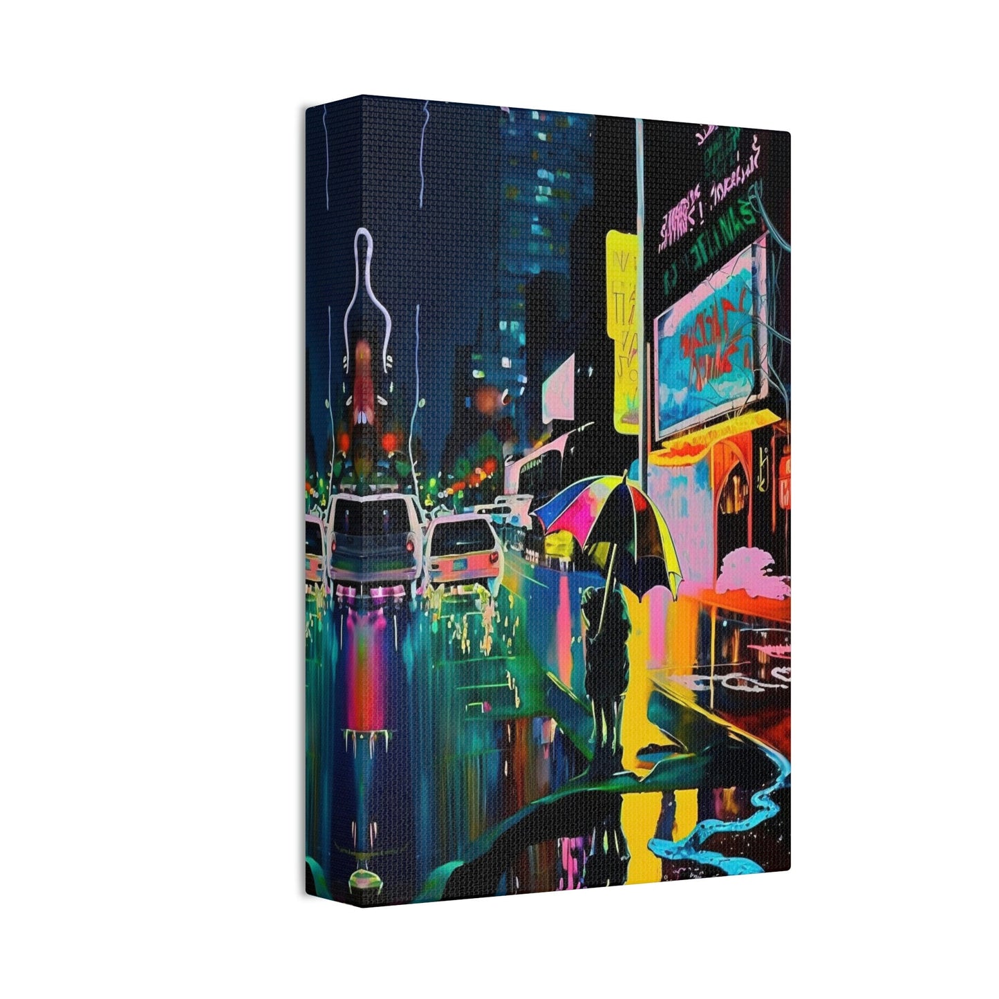 Neon city street scene. Brightly colored Ai Wall Art resembling an impressionistic painting similar to Japanese city art.