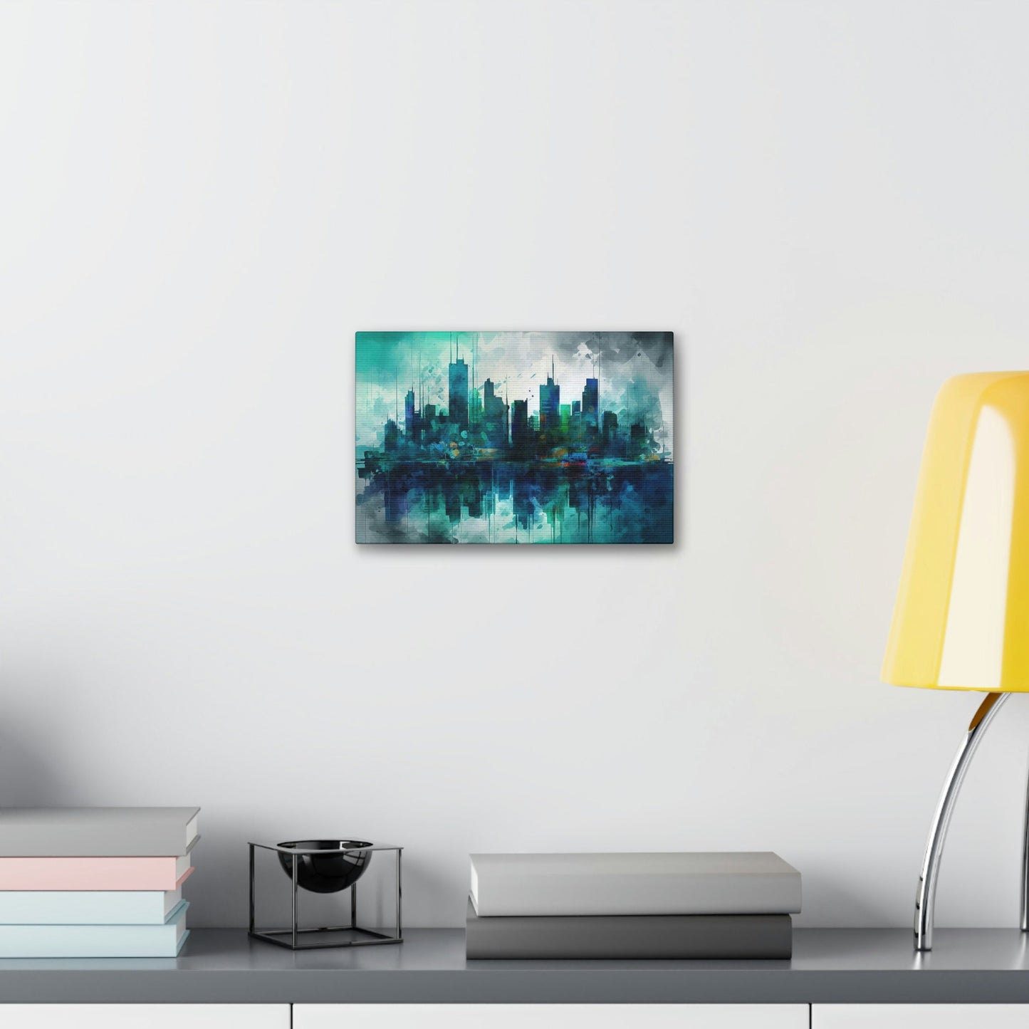 Unique wall art for college apartments or new homes | Greens and Blues of a reflected Waterfront Skyline: Ai Wall Art