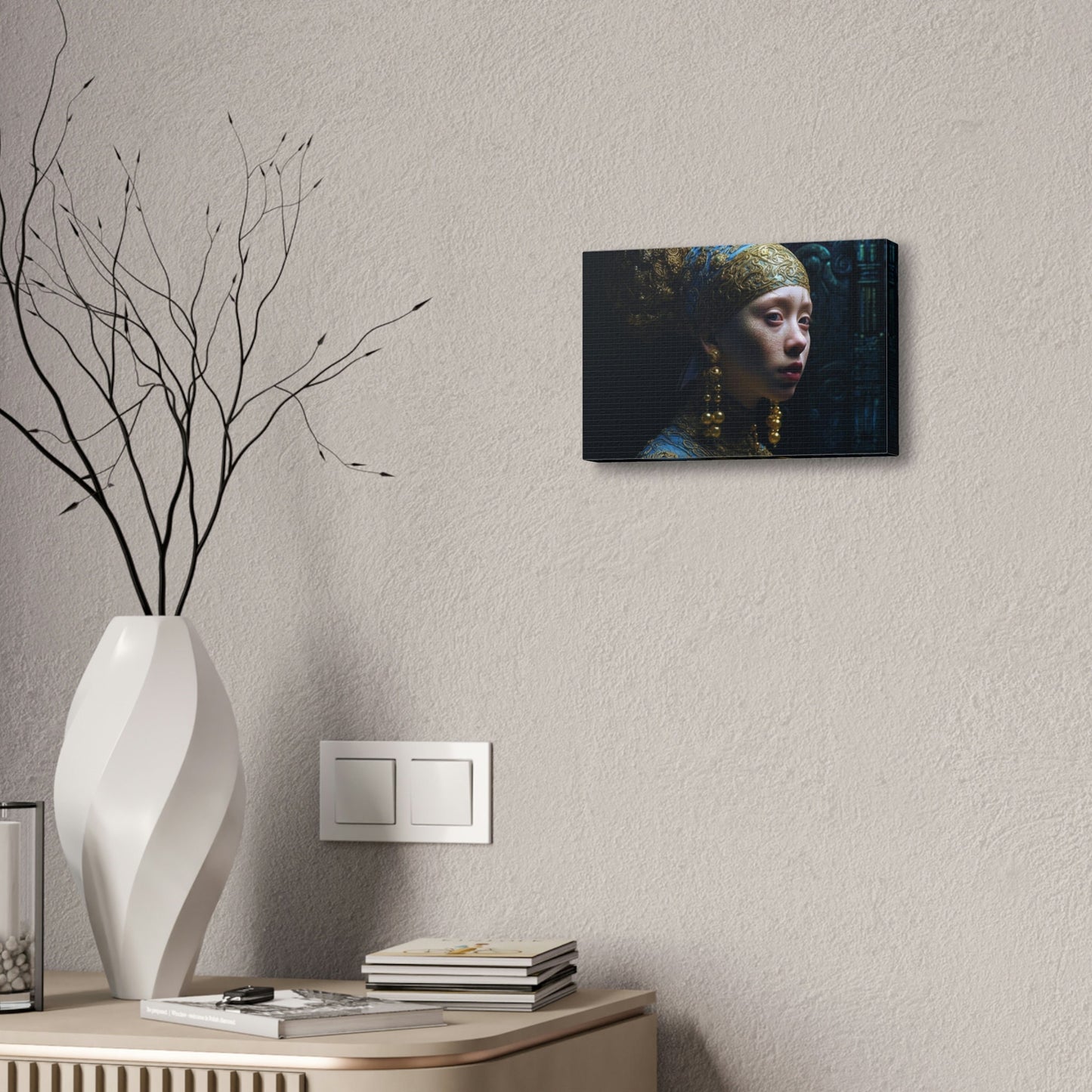 Reimagined Photorealistic Ai Wall Art version of the Vermeer masterpiece, Girl with a Pearl Earring. Alternative POV with an alien twist.
