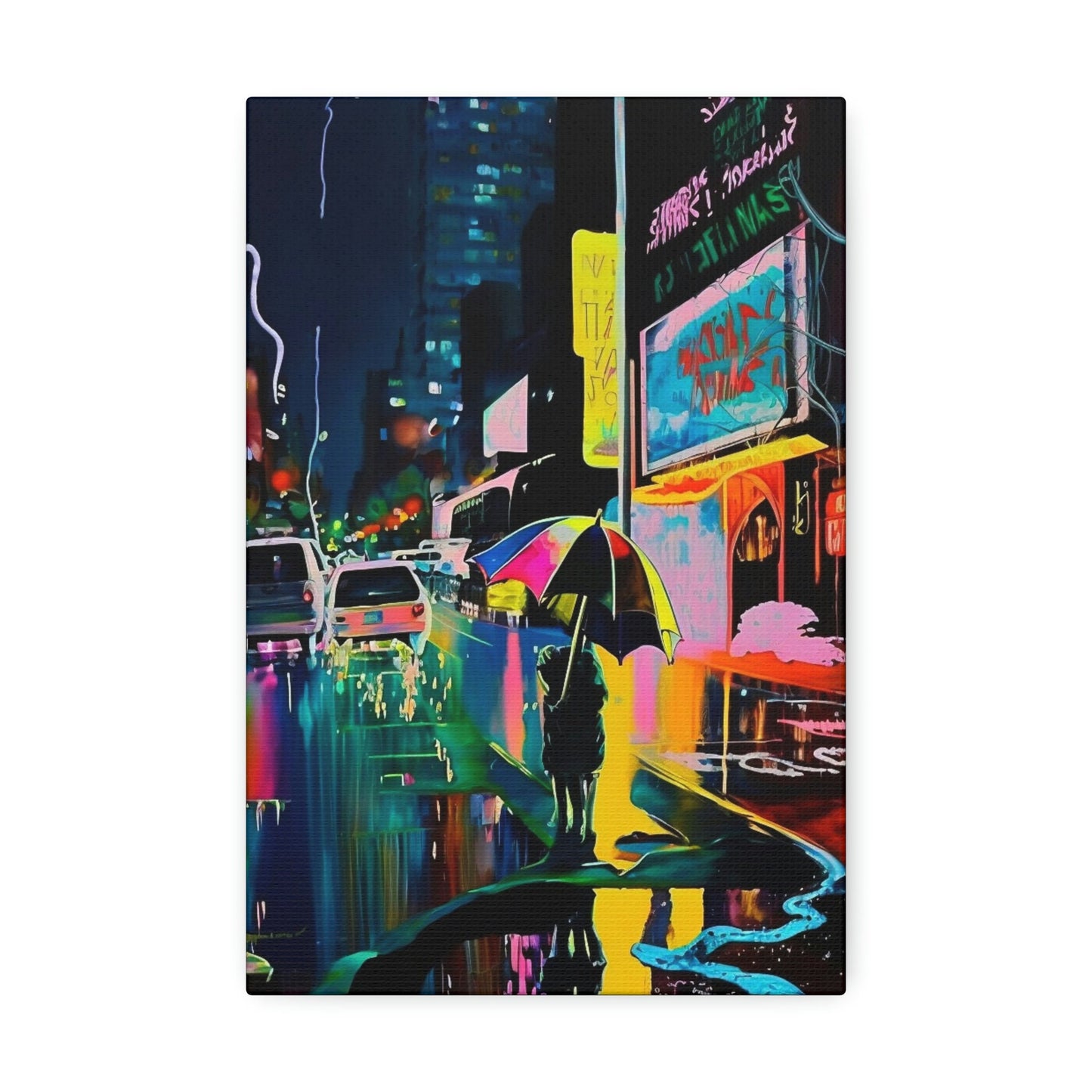 Neon city street scene. Brightly colored Ai Wall Art resembling an impressionistic painting similar to Japanese city art.