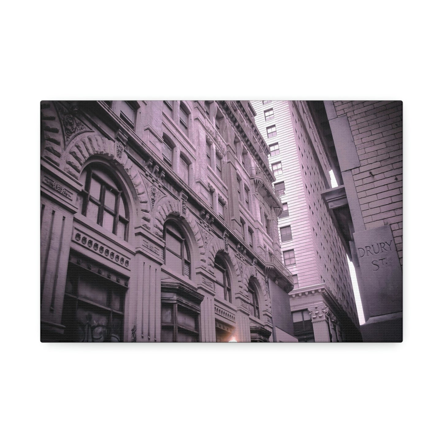 Lilac Universe of Drury Street. Slightly altered photograph of a Philadelphia street. Hints of purple and orange with a tilted perspective.