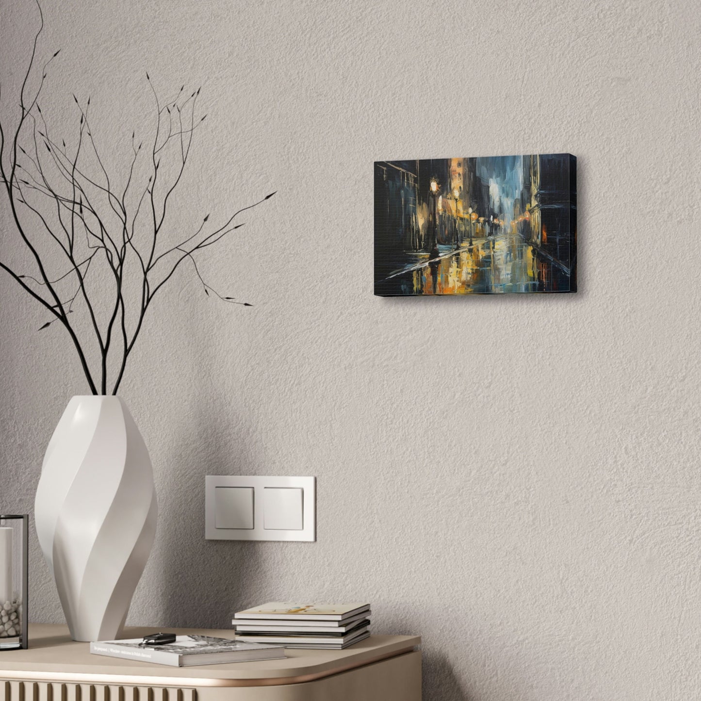 Impressionistic style Ai Wall Art. Sodden City, shows a dark and wet street scene bursting with reflections and soaked to the bone.