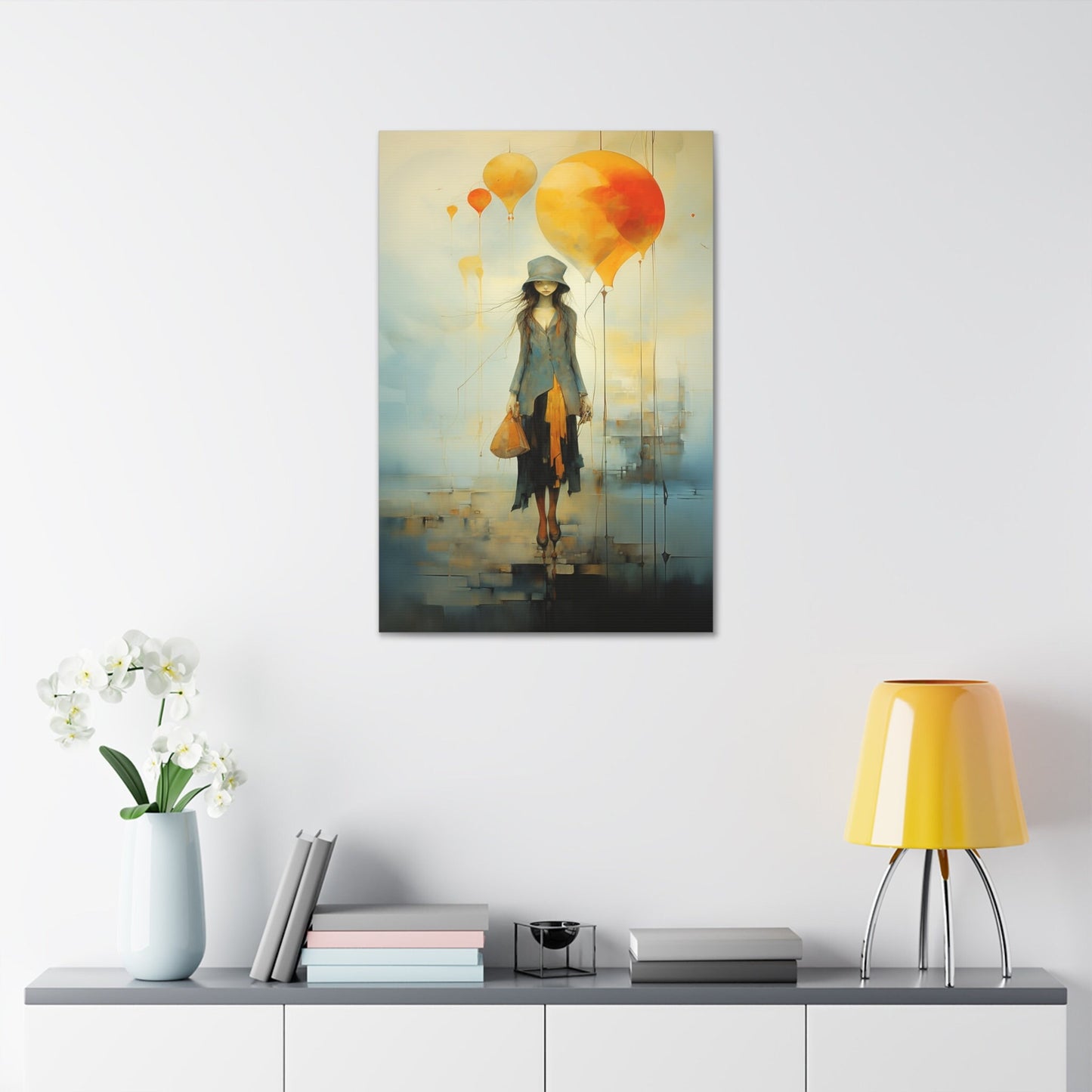 Elegant Girl with Balloons Wall Art | Whimsical and Surreal Canvas Print for Home Decor or college dorm room. Imperfect and Beautiful piece.