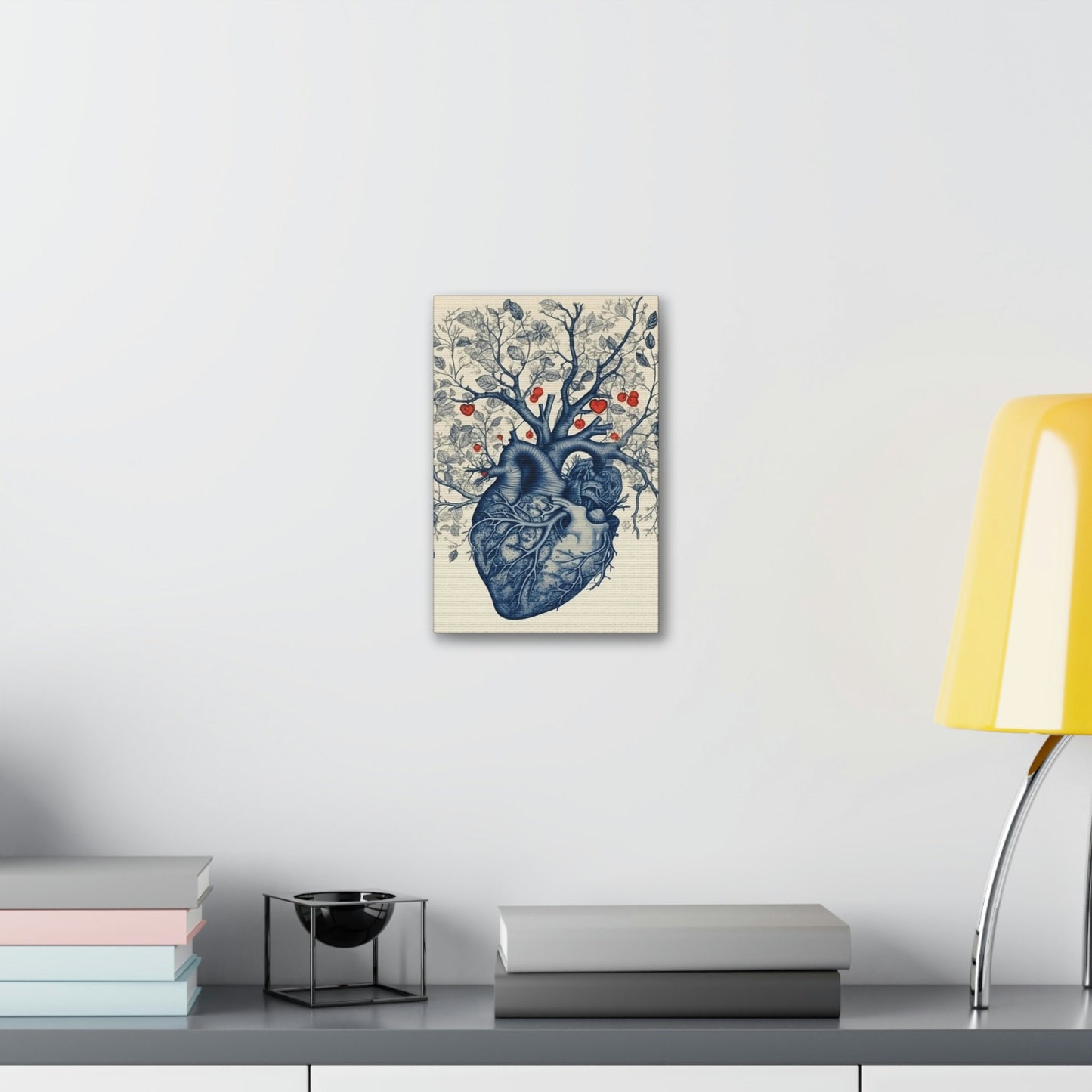 The Heart is the Root of Happiness. Ai Wall Art of an anatomical heart sprouting a tree with blooms. In Style of anatomical ink drawing.
