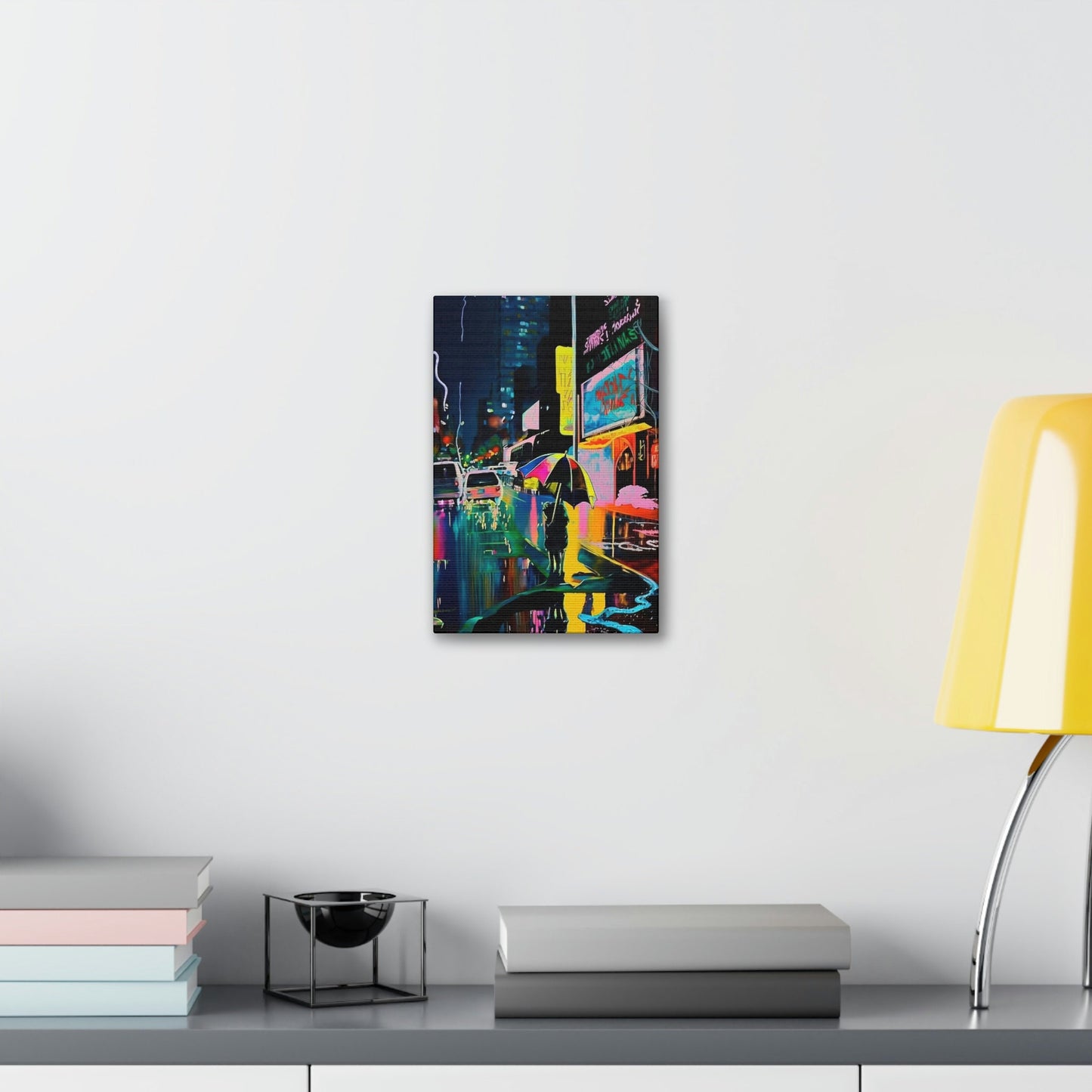 Neon city street scene. Brightly colored Ai Wall Art resembling an impressionistic painting similar to Japanese city art.