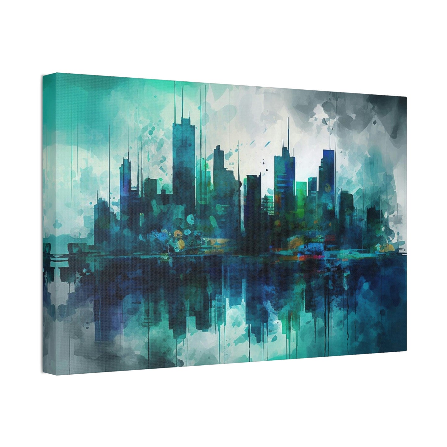 Unique wall art for college apartments or new homes | Greens and Blues of a reflected Waterfront Skyline: Ai Wall Art