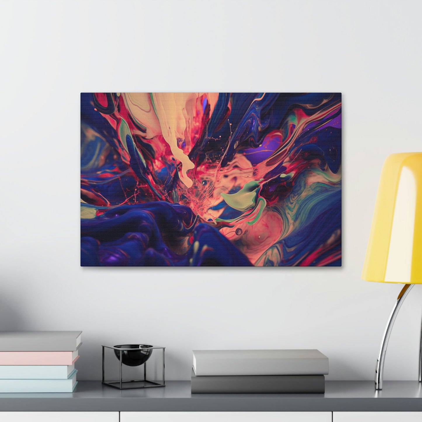Purple Paint Tsunami: Ai Wall Art Print with purple, pink, peach, gray and blue shades. Similar to acrylic pouring technique, 3D style.