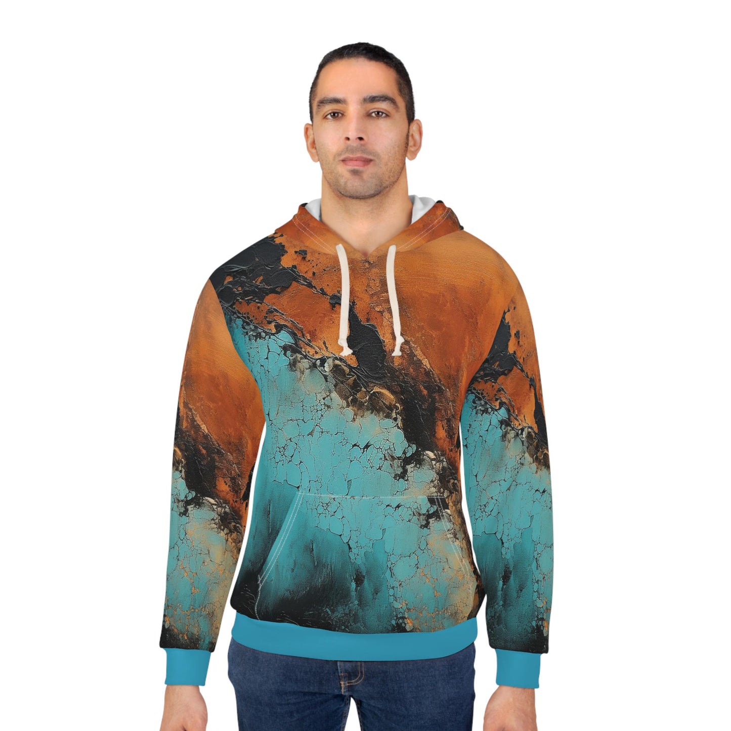 Rust Teal Black Orange Abstract Art Unisex Pullover Hoodie, Trendy Hoodie, Cool Sweatshirt, Unique Hoodie, Artistic Gift for art lovers.