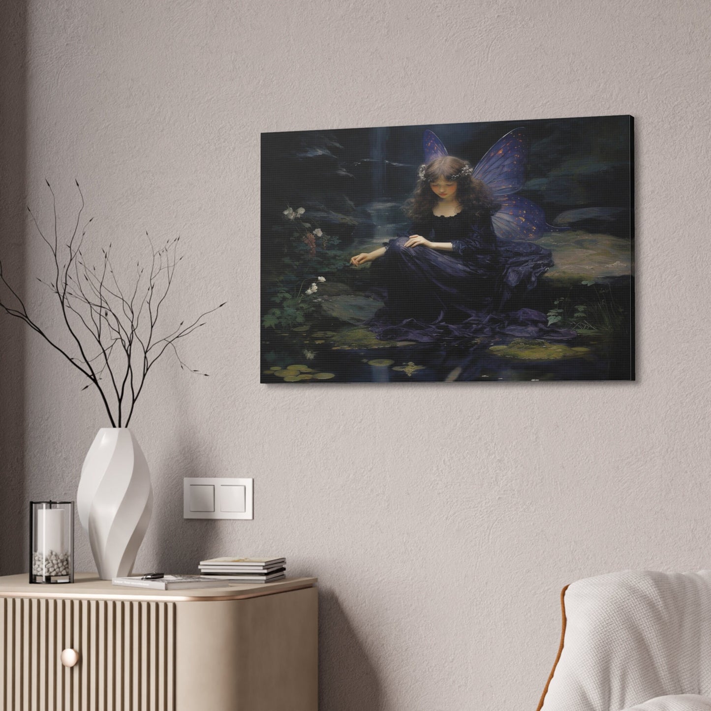 Unique wall art for college apartments  and new homes | Purple Fairy Contemplation by a Forest Stream | Ai Wall Art