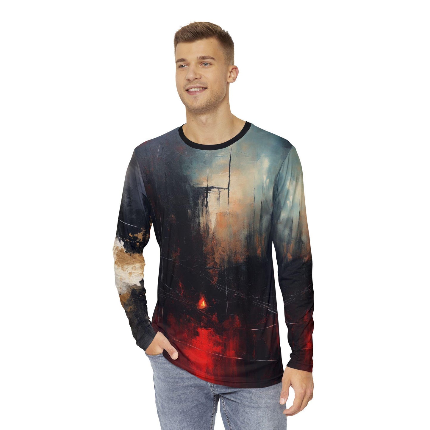 Abstract Art Long Sleeve Shirt, Eerie Black Grey White Red Graphic long-sleeved Tee, Unique Design, Edgy Stylish Clothing, Hipster Fashion