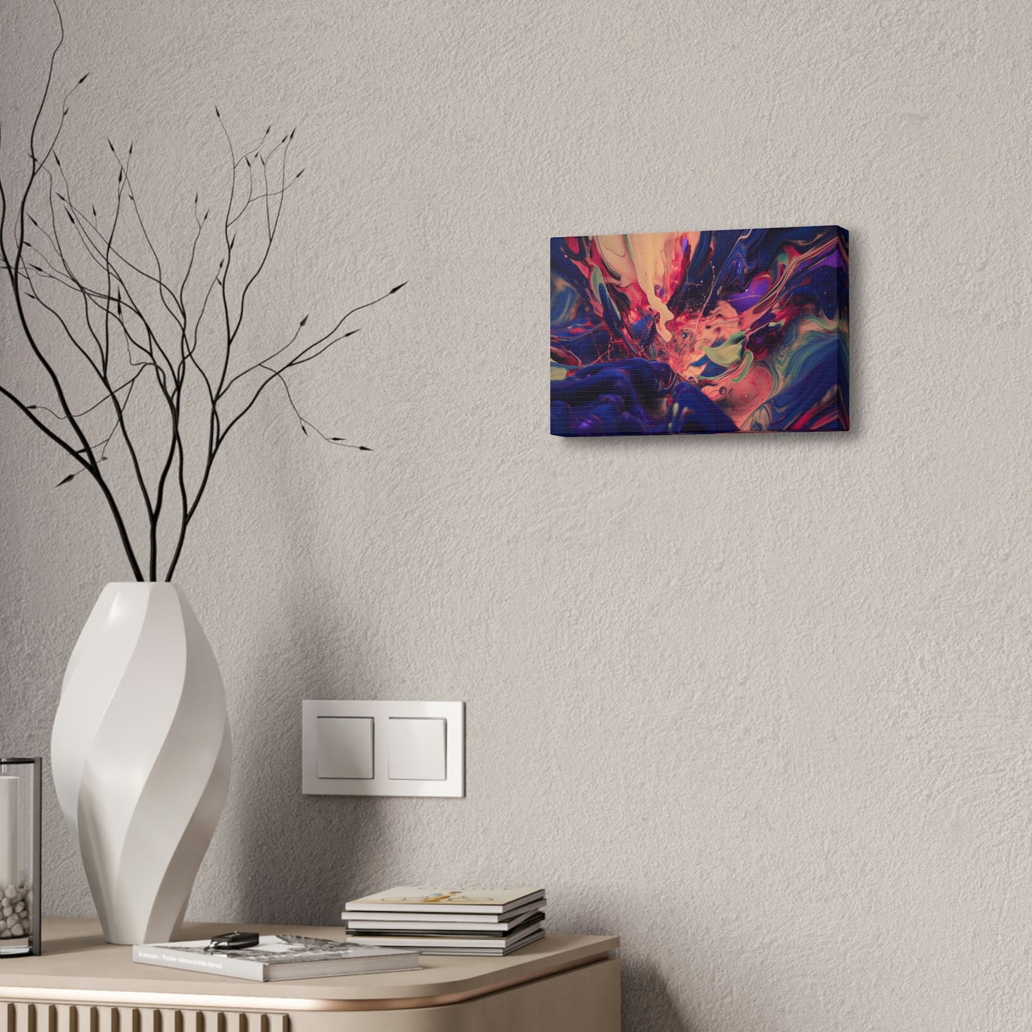 Purple Paint Tsunami: Ai Wall Art Print with purple, pink, peach, gray and blue shades. Similar to acrylic pouring technique, 3D style.