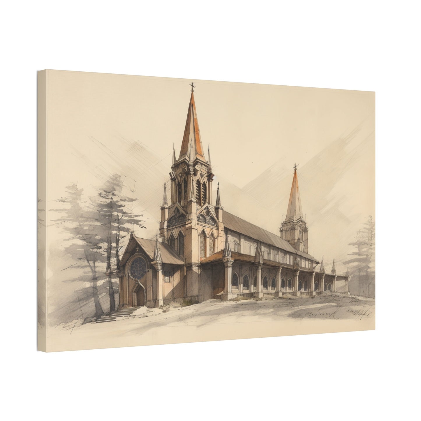 Unique wall art for college apartments or new homes | Architectural Drawing of a Church no.1 on weathered canvas | Ai Wall Art