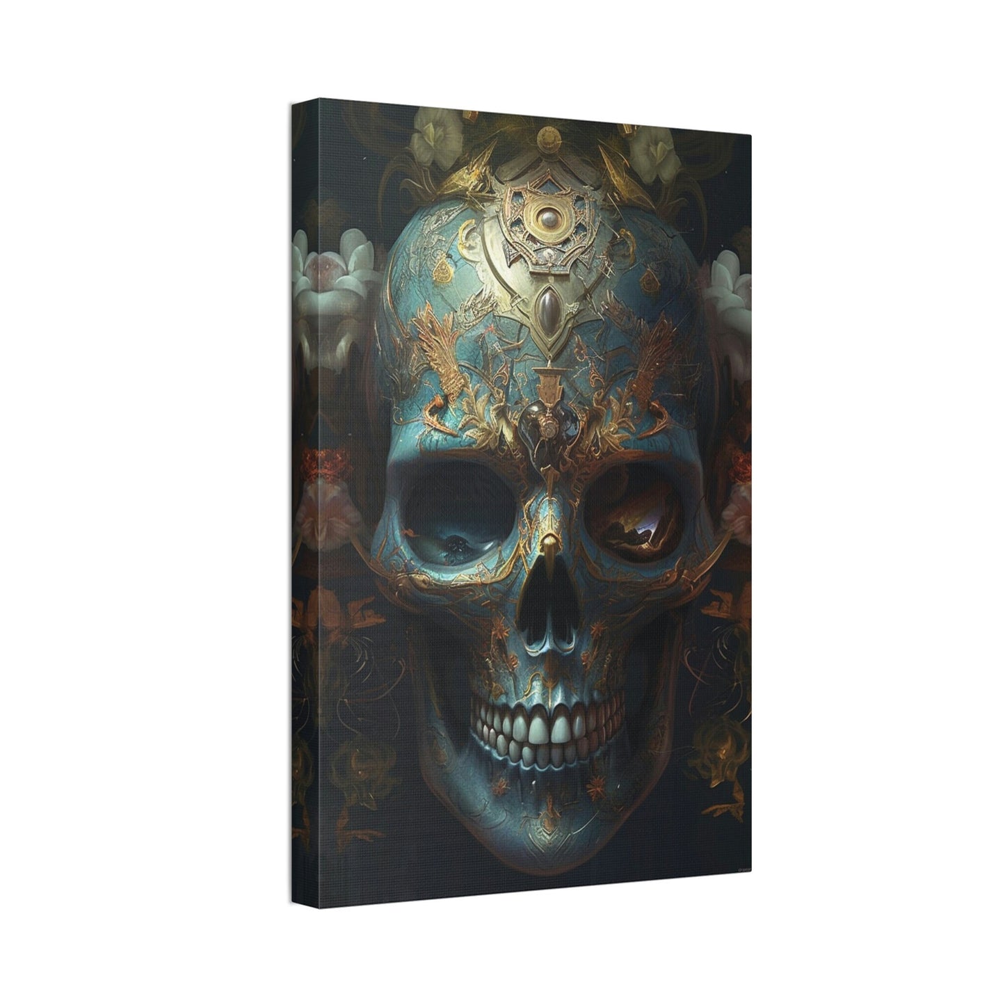 Unique wall art for college apartments or new homes | Ornate Skull #1: Sky Blue AI Hyper-Realistic Wall Art Painting with Intricate Designs