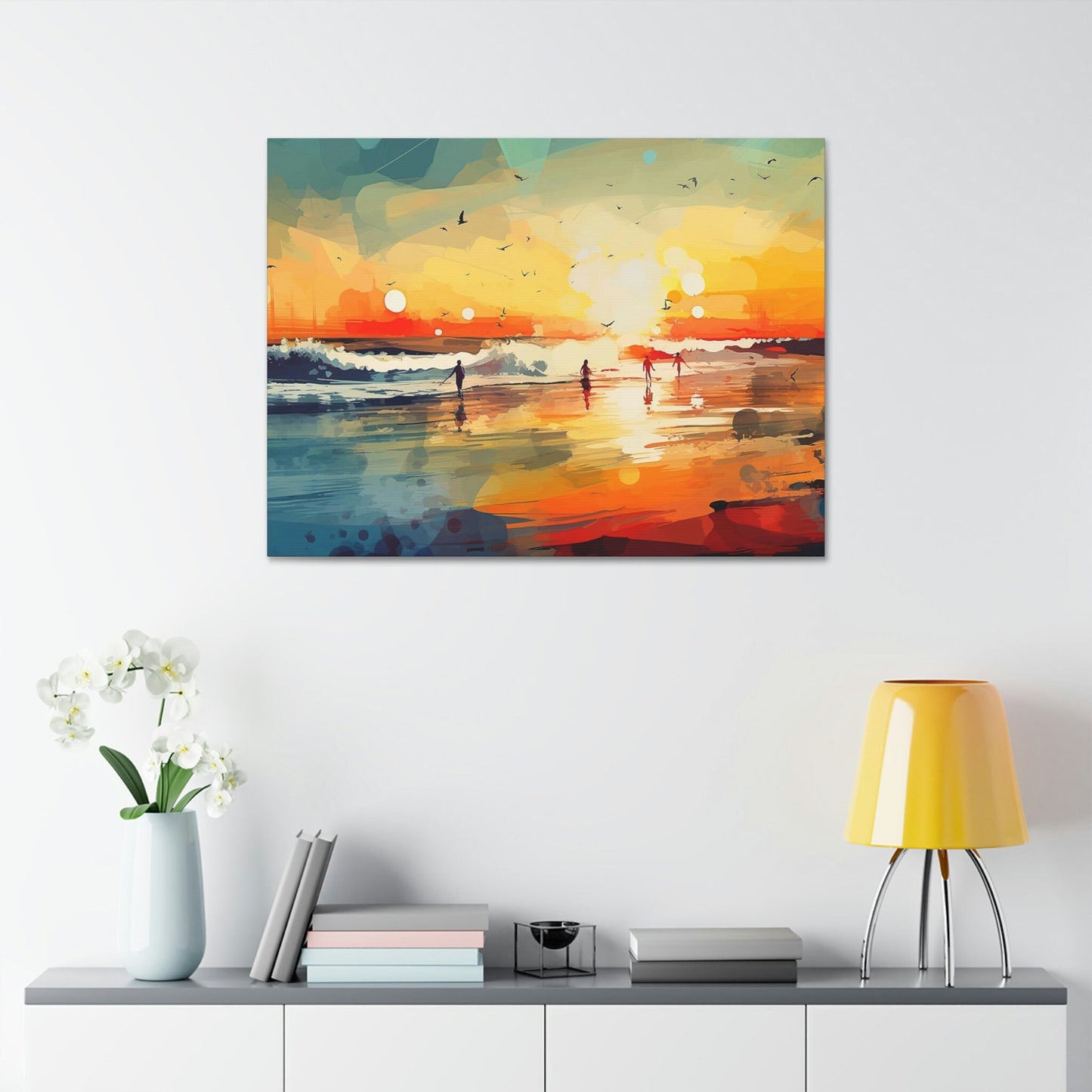 Surfer's Sunset Paradise. Ai Wall Art Impressionist style Painting Print showing a brilliant oceanside sunset .