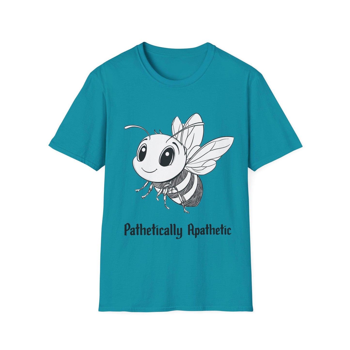 Funny Smiling Bee Unisex Softstyle T-Shirt, Cartoon Pencil, 'Pathetically Apathetic' Tee, Gift for Bee Lover, Humor Graphic Shirt
