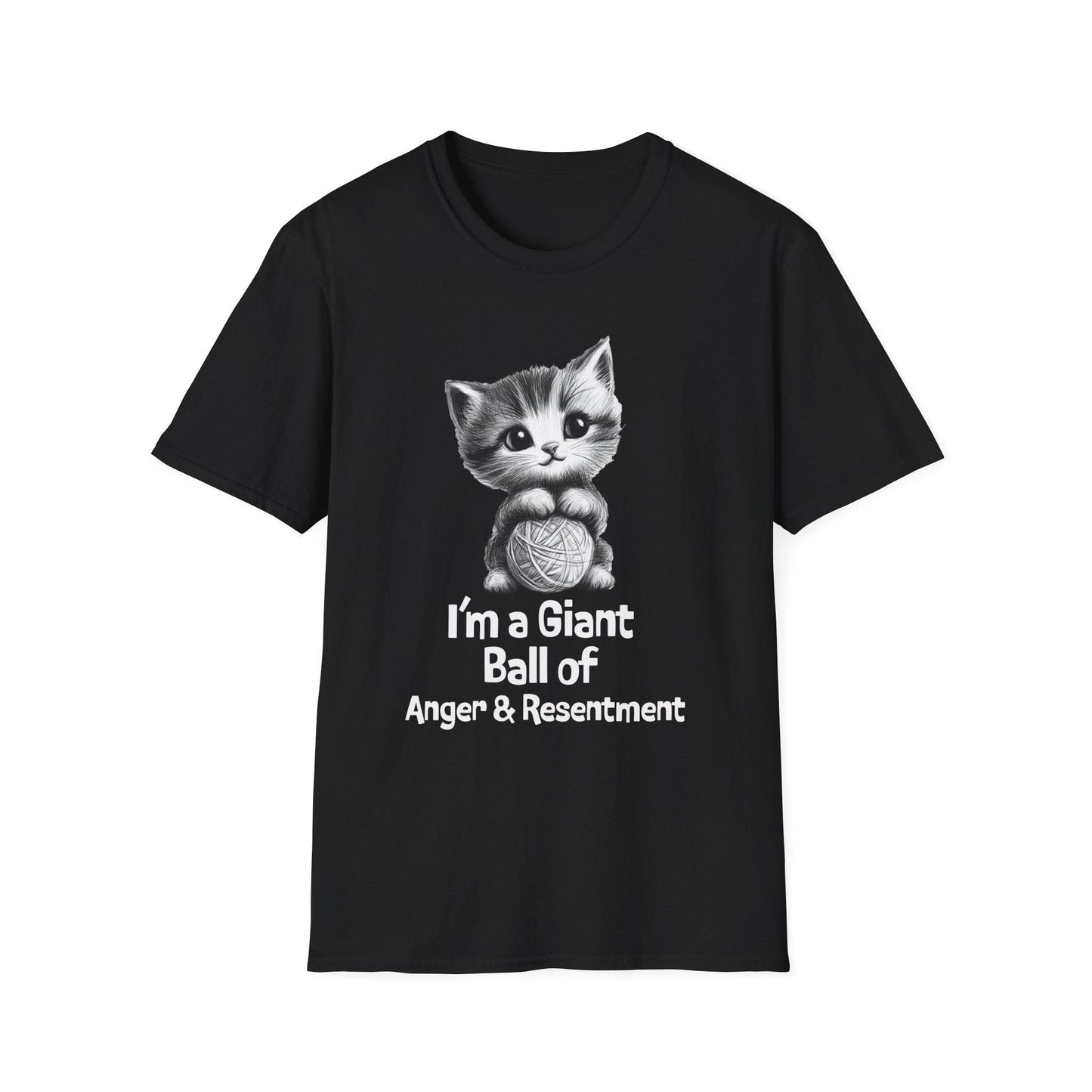 Funny Cat Tshirt - Unisex Softstyle Tee with 'I'm a giant ball of anger and resentment' - Cute Kitty Graphic, Cat Lover Gift, Sarcastic Tee,