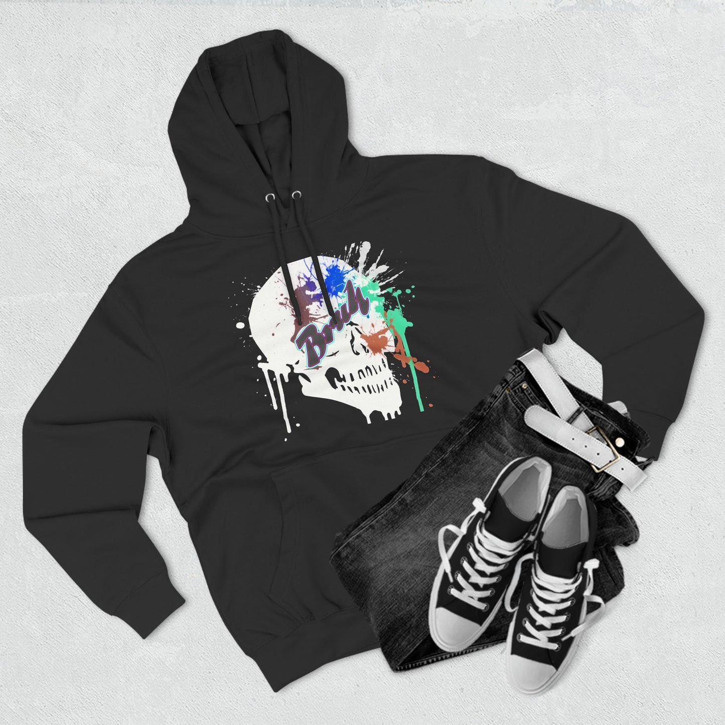 Strange and Unique sweatshirt that will have everyone talking. Bruh Skull with graffiti splash.  Unisex Premium Pullover Hoodie.