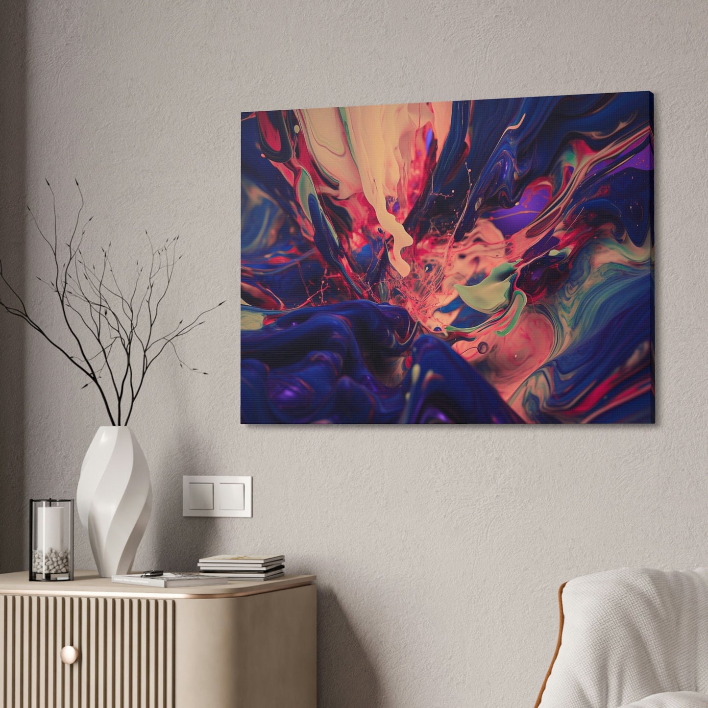 Purple Paint Tsunami: Ai Wall Art Print with purple, pink, peach, gray and blue shades. Similar to acrylic pouring technique, 3D style.