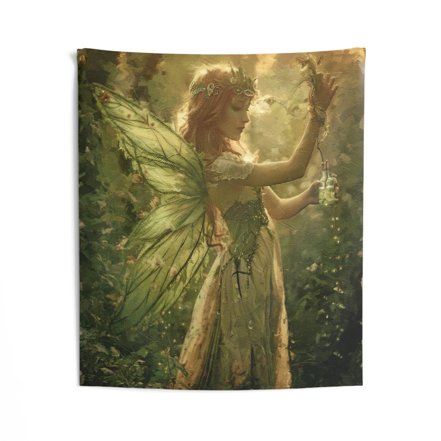 Green Fairy Tapestry: Oil Painted Wall Art