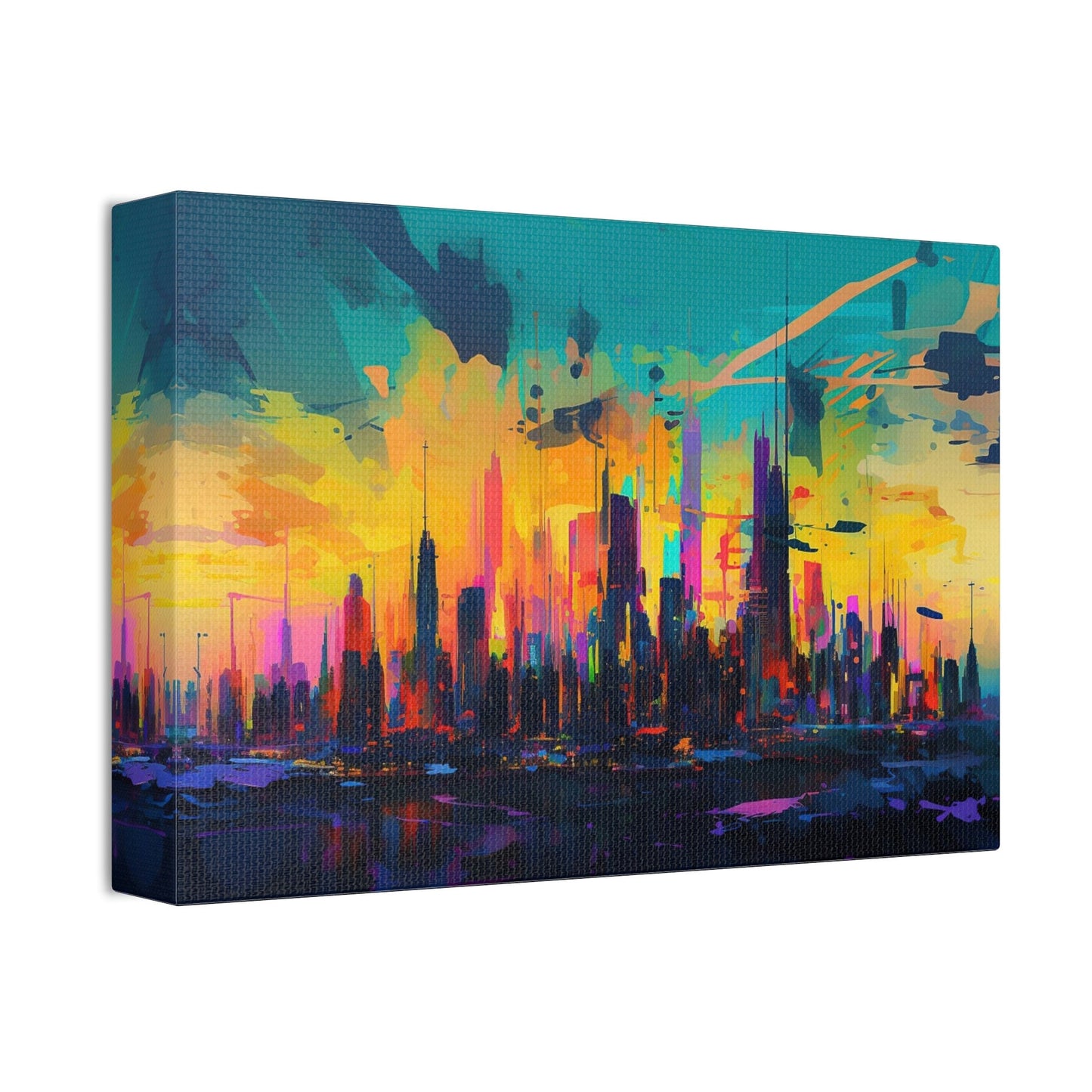 City skyline with a backdrop of bright neon colors exploding from a sunset. This impressionist style Ai Wall Art print makes an impact.