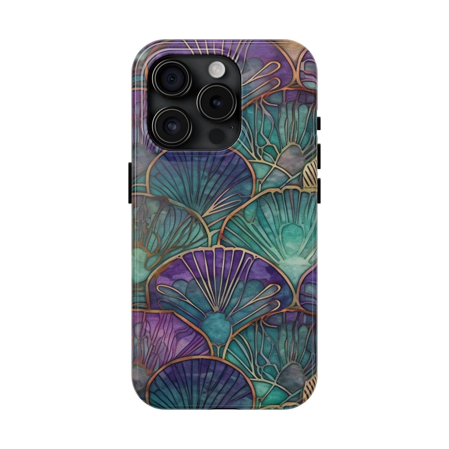 Ai Generated Art. Teal, Purple and Gold Stained Glass Shells : Tough Samsung Galaxy or iPhone Case
