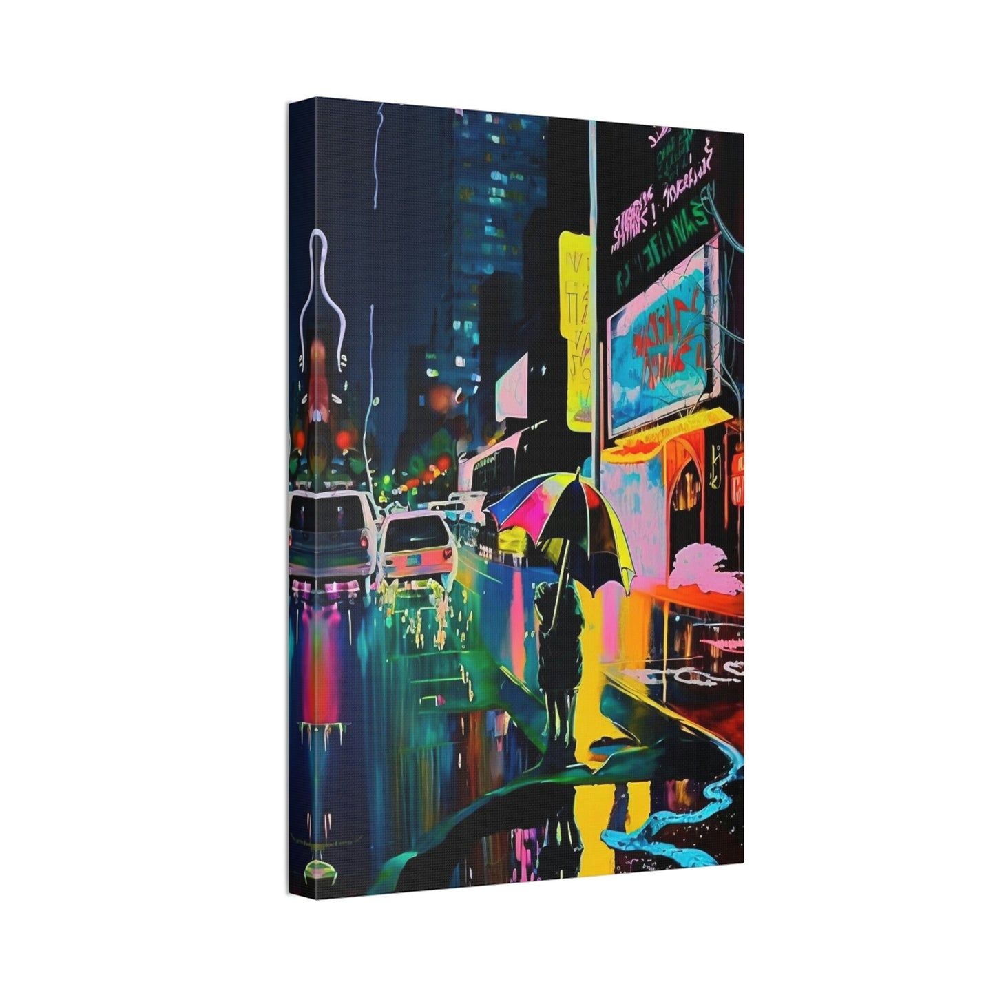Neon city street scene. Brightly colored Ai Wall Art resembling an impressionistic painting similar to Japanese city art.