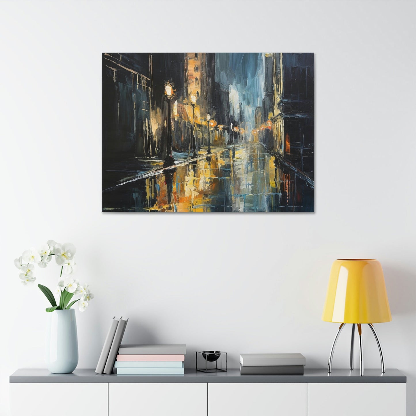 Impressionistic style Ai Wall Art. Sodden City, shows a dark and wet street scene bursting with reflections and soaked to the bone.