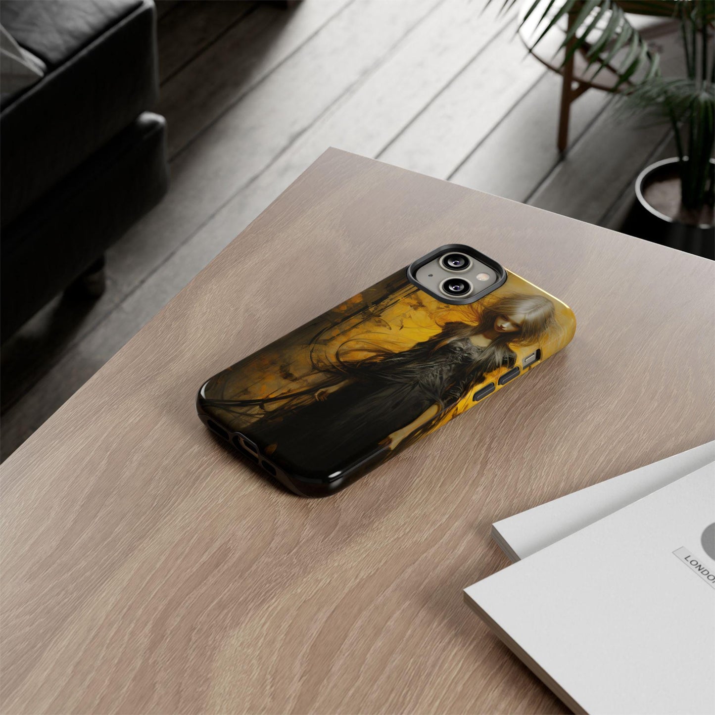 Phone Case, Creepy Girl in Black Dress Halloween Style on Yellow Gloss/Matte Cover, Spooky Gothic Design, Scary Witch Samsung/iPhone Case,