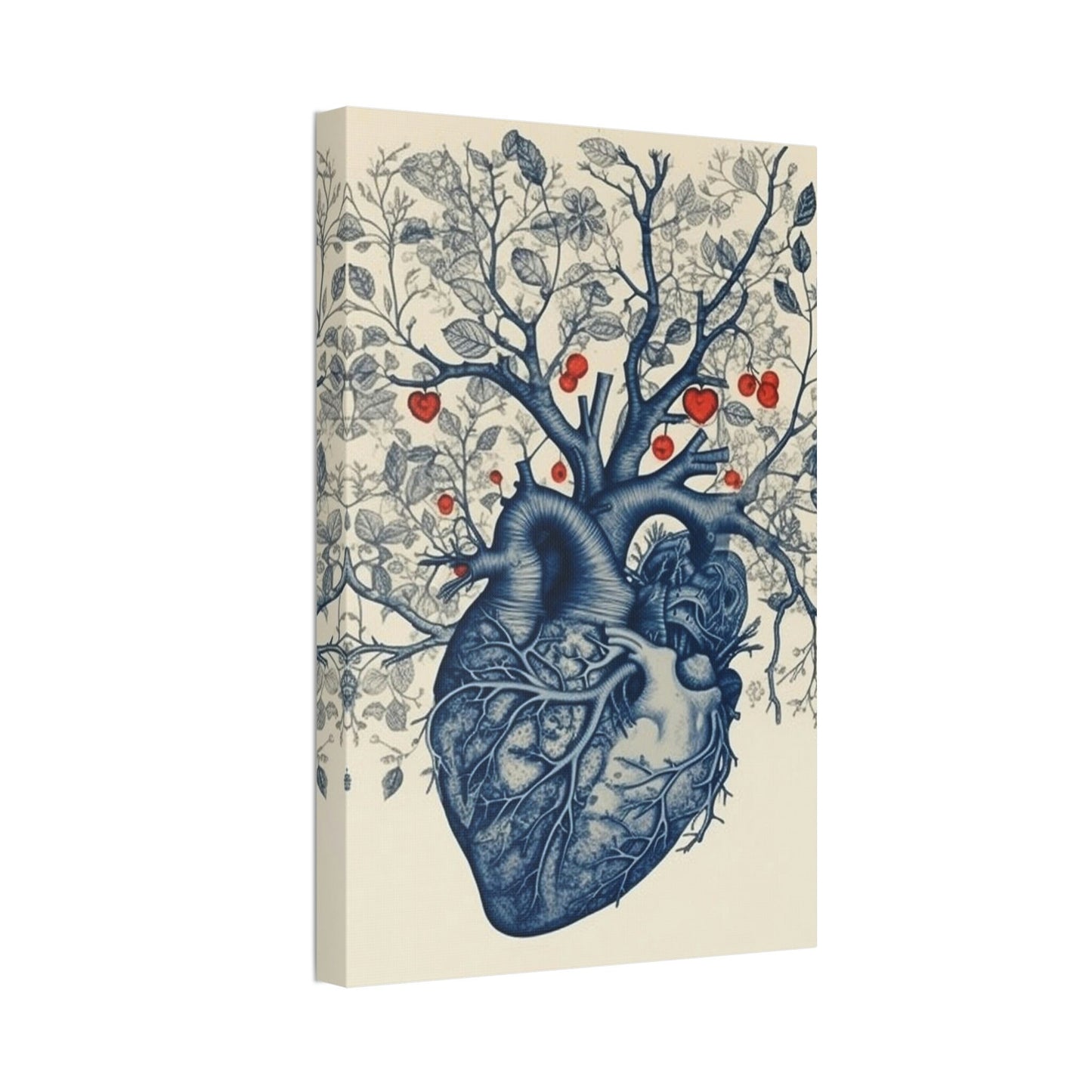 The Heart is the Root of Happiness. Ai Wall Art of an anatomical heart sprouting a tree with blooms. In Style of anatomical ink drawing.