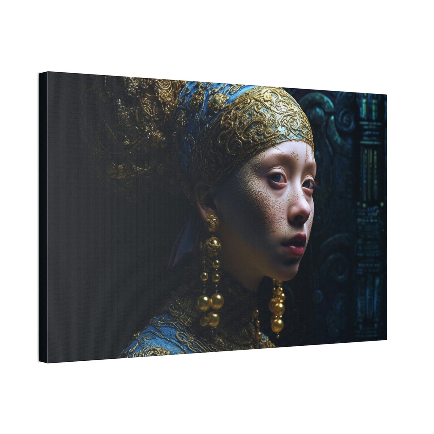 Reimagined Photorealistic Ai Wall Art version of the Vermeer masterpiece, Girl with a Pearl Earring. Alternative POV with an alien twist.