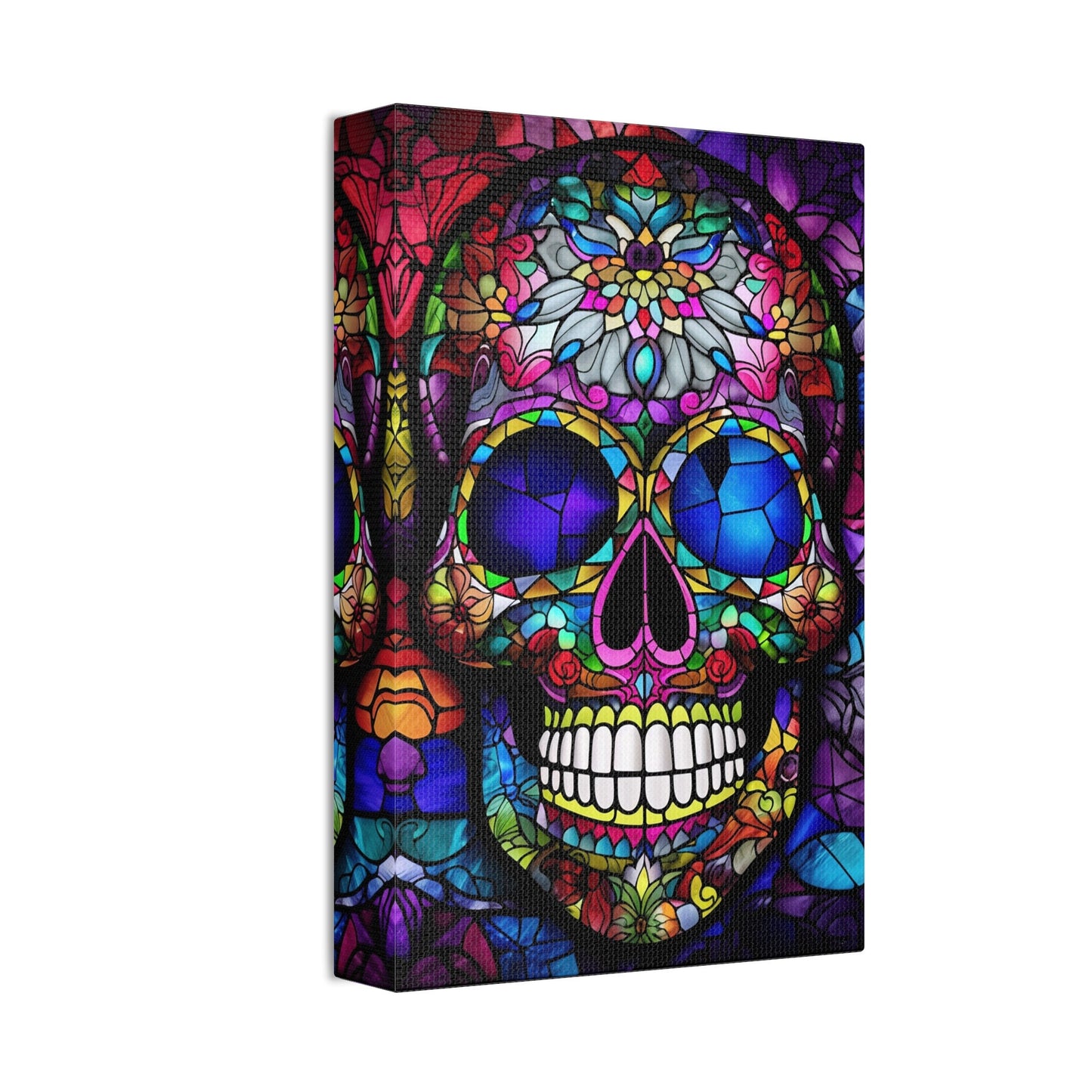 Vibrant Stained Glass Mexican Sugar Skull Print. Unique Wall Art for your Home, Apartment, Dorm Room. Folk Art Inspired Home Decor.