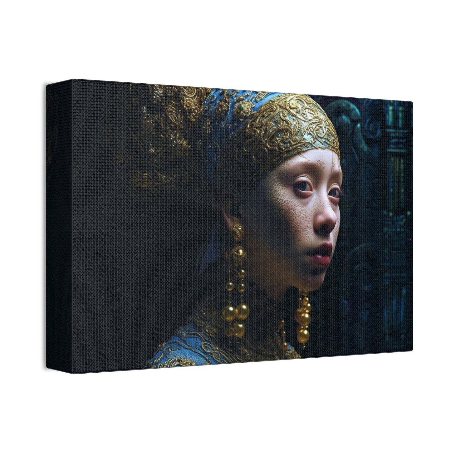 Reimagined Photorealistic Ai Wall Art version of the Vermeer masterpiece, Girl with a Pearl Earring. Alternative POV with an alien twist.