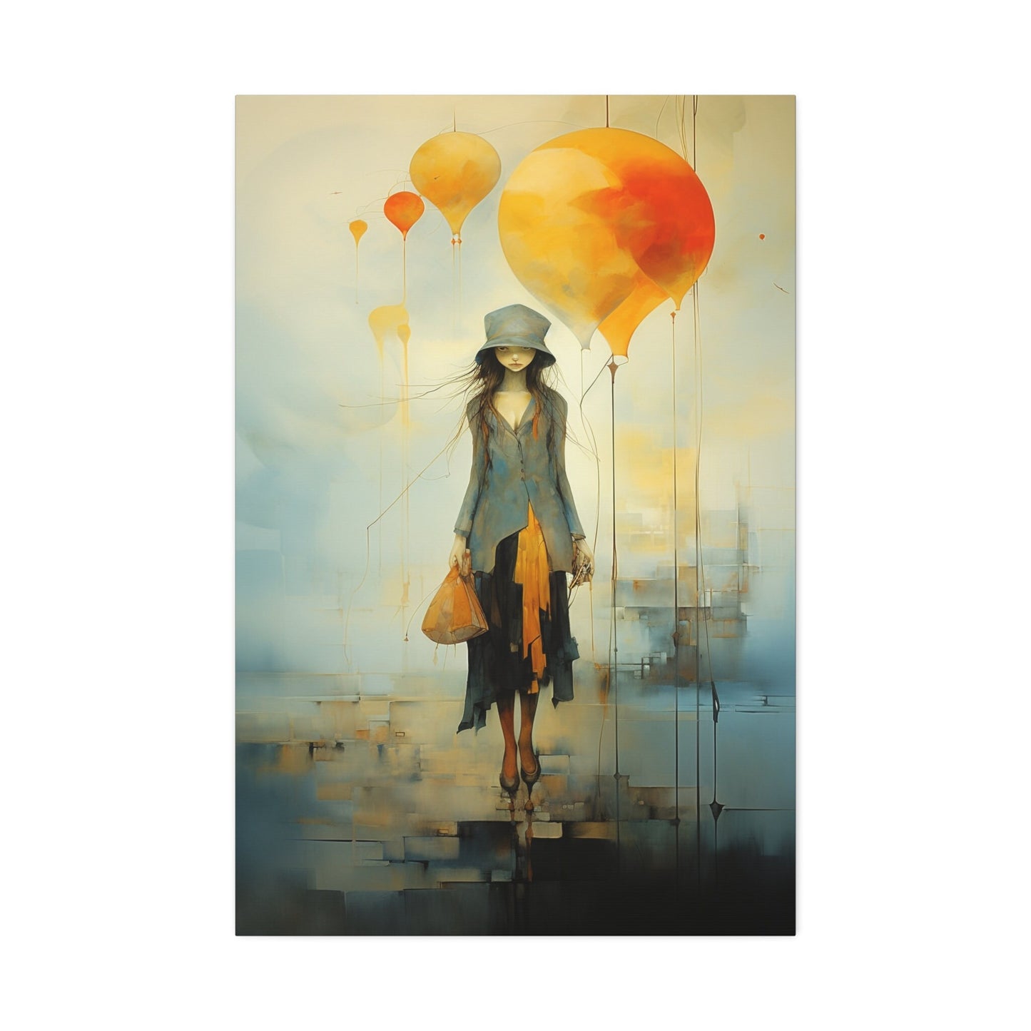 Elegant Girl with Balloons Wall Art | Whimsical and Surreal Canvas Print for Home Decor or college dorm room. Imperfect and Beautiful piece.