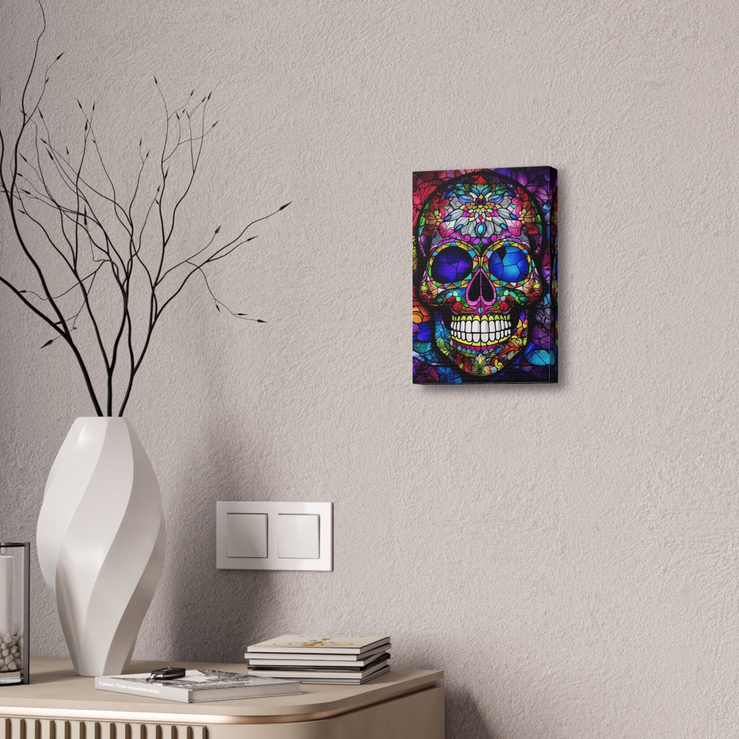 Vibrant Stained Glass Mexican Sugar Skull Print. Unique Wall Art for your Home, Apartment, Dorm Room. Folk Art Inspired Home Decor.