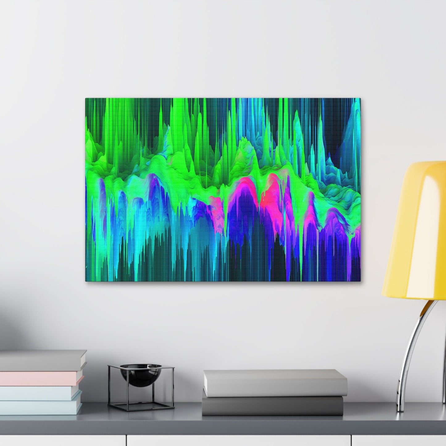 Unique College Dorm, Home or Apartment Wall Art | Green, Teal, Purple, and Pink Neon Pixel Drift Art. Ai generated.