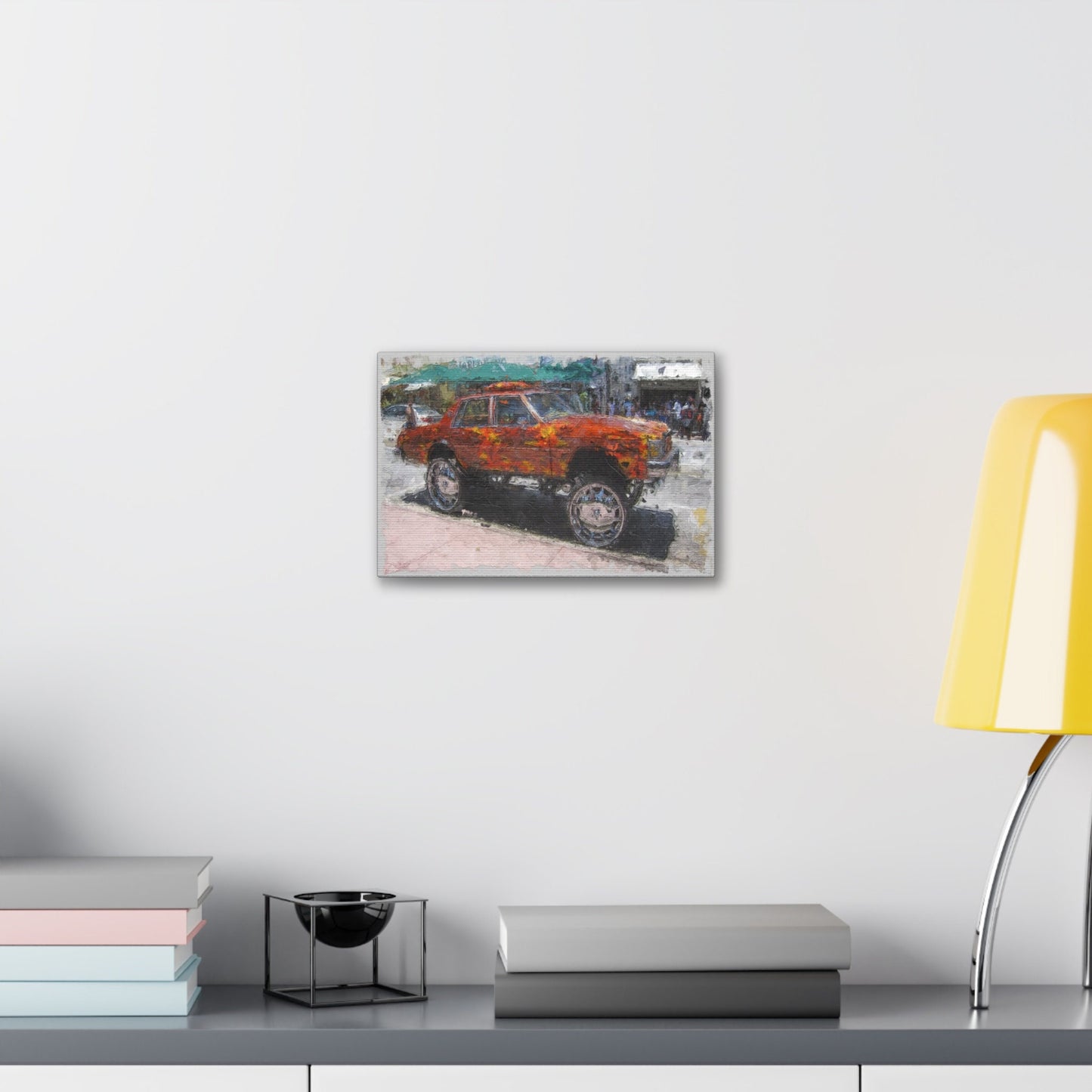Unique College Dorm or New Apartment Wall Art | Oil Painted Car with Huge Rims. Ai generated.