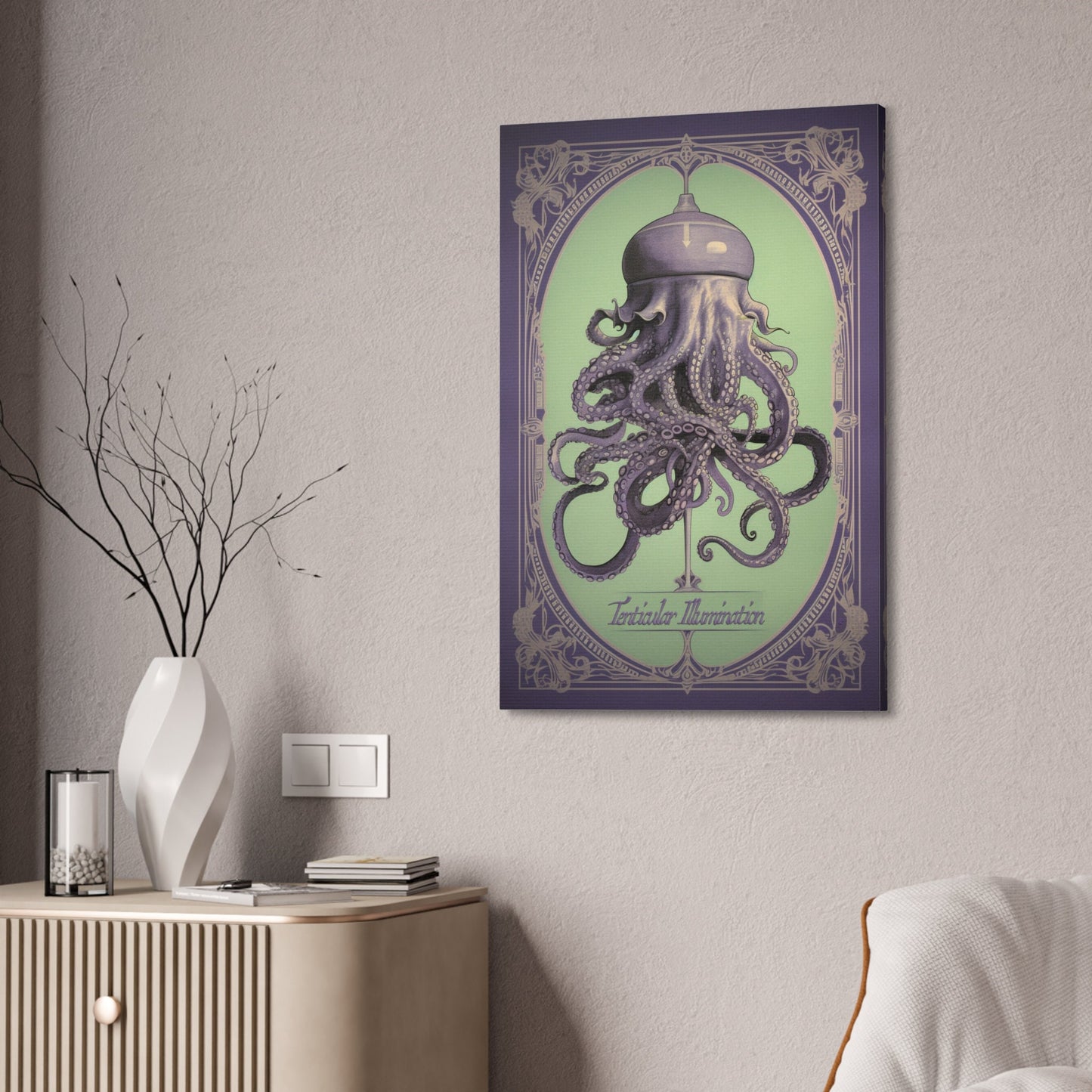 Unique College Dorm or New Apartment Wall Art | Art Nouveau liquor advertisement style print for an octopus light.  Ai generated.