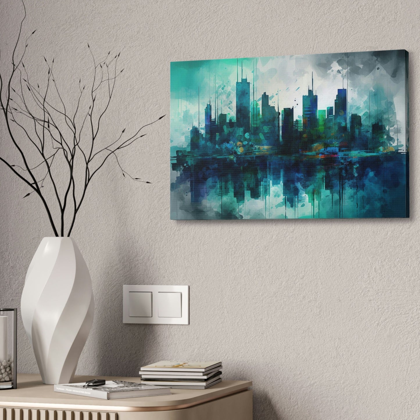 Unique wall art for college apartments or new homes | Greens and Blues of a reflected Waterfront Skyline: Ai Wall Art