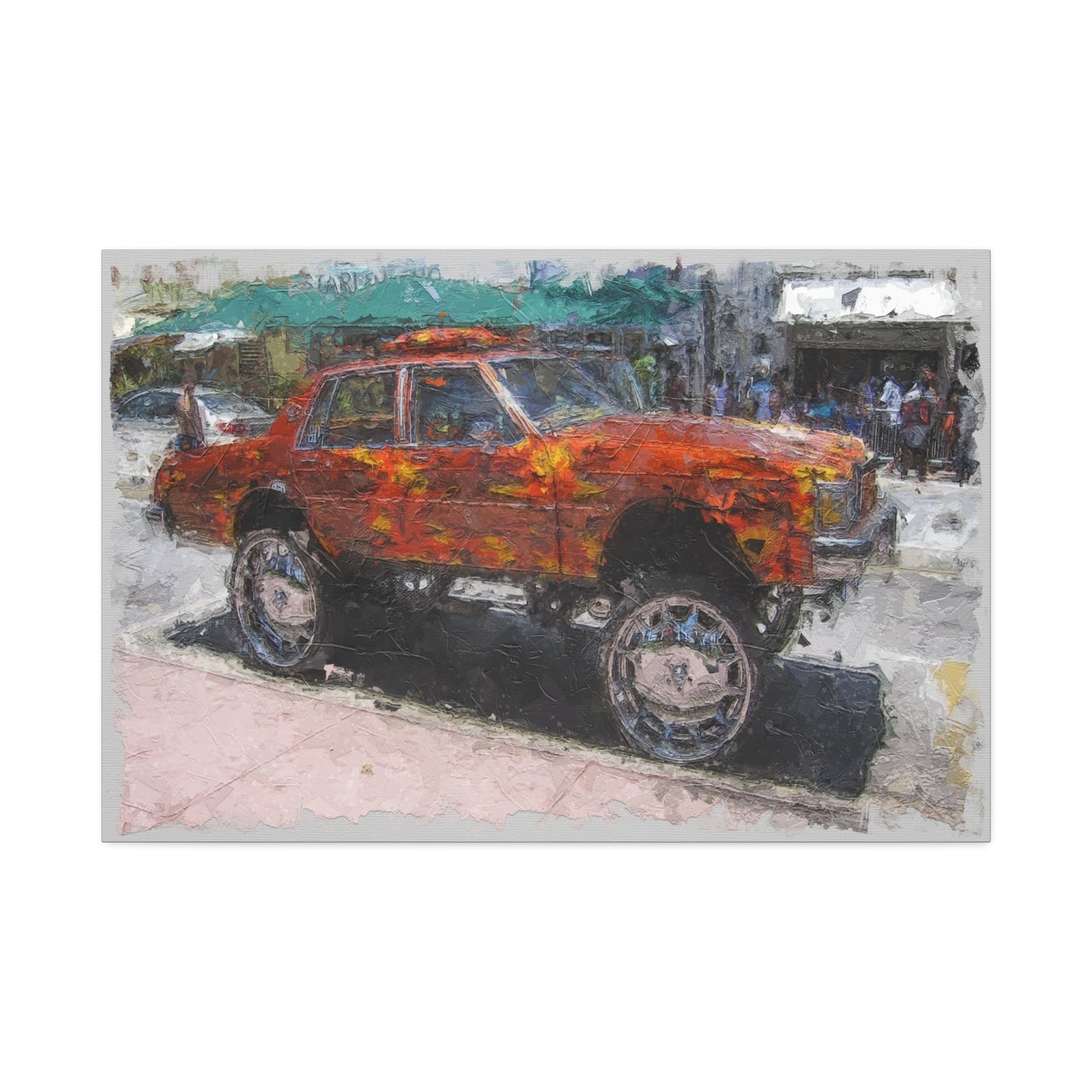 Unique College Dorm or New Apartment Wall Art | Oil Painted Car with Huge Rims. Ai generated.