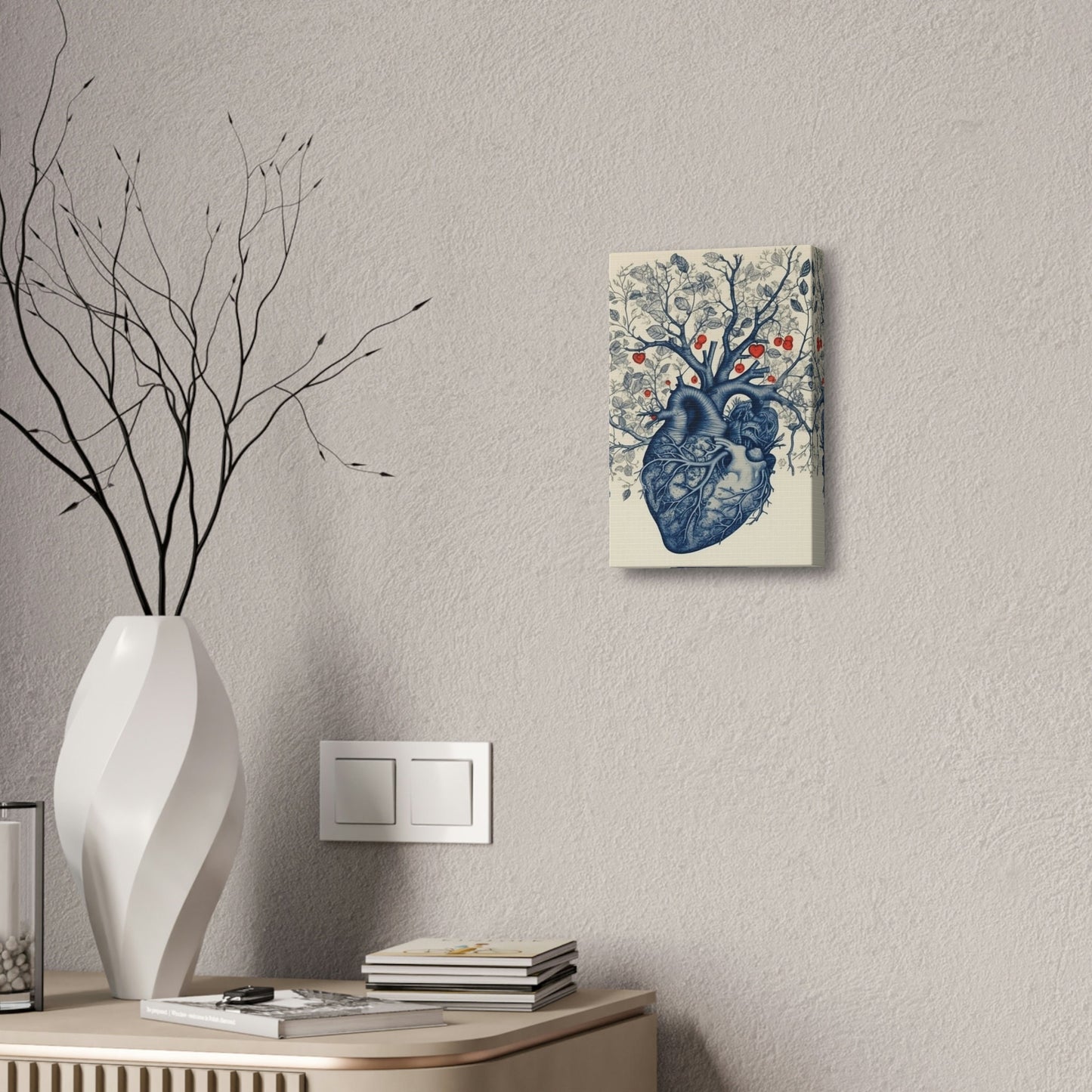 The Heart is the Root of Happiness. Ai Wall Art of an anatomical heart sprouting a tree with blooms. In Style of anatomical ink drawing.