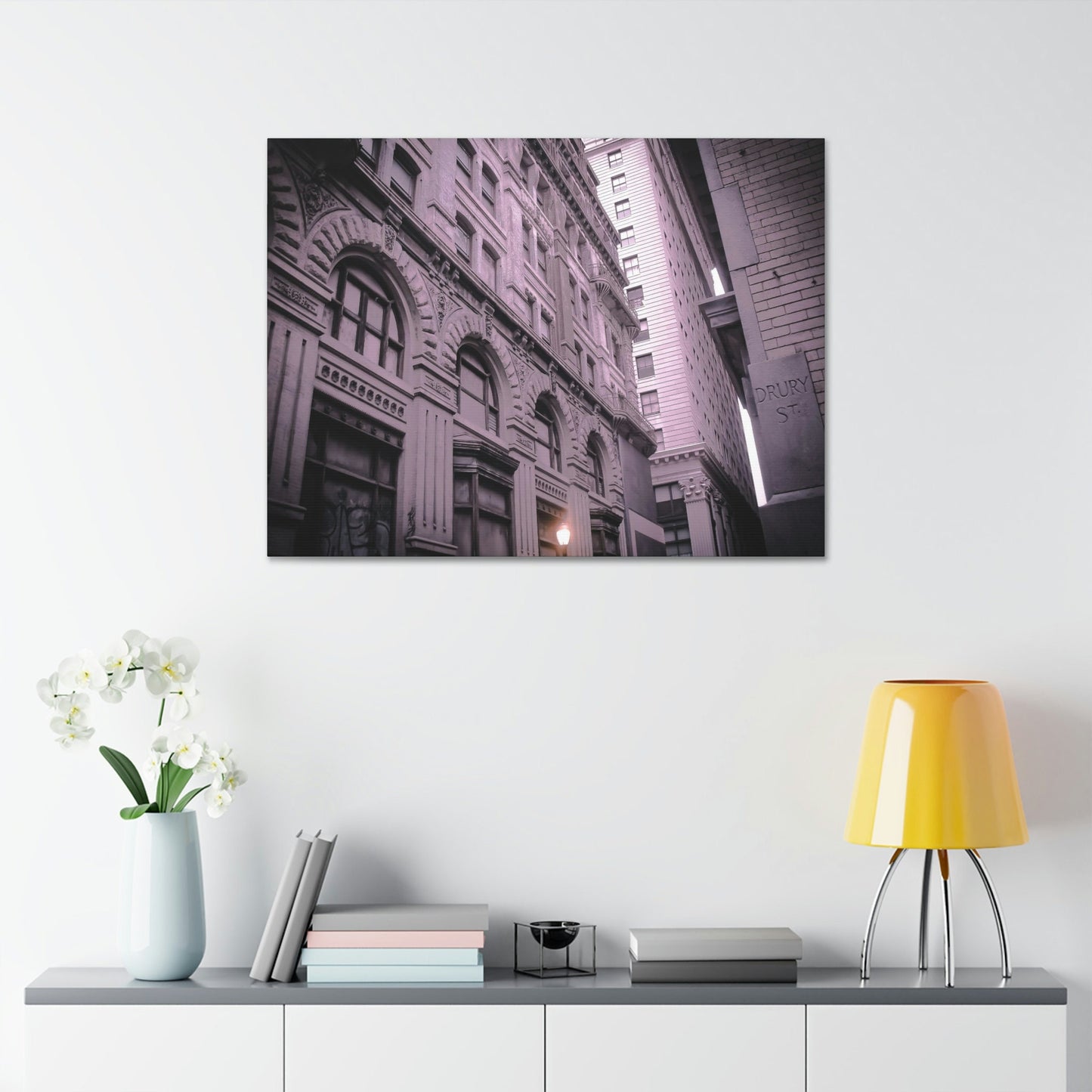 Lilac Universe of Drury Street. Slightly altered photograph of a Philadelphia street. Hints of purple and orange with a tilted perspective.