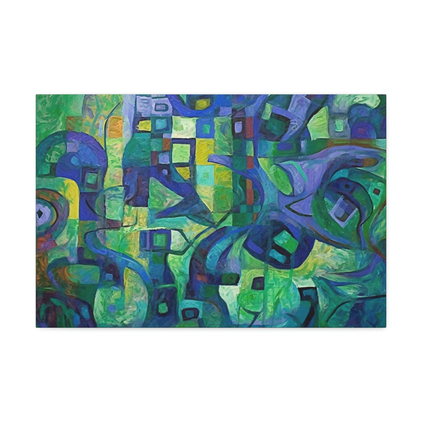 The Octopus: Ai Generated Abstract Painting Style Wall Art. Brightly colored piece. Will brighten up a dull room. Green & purple highlights.