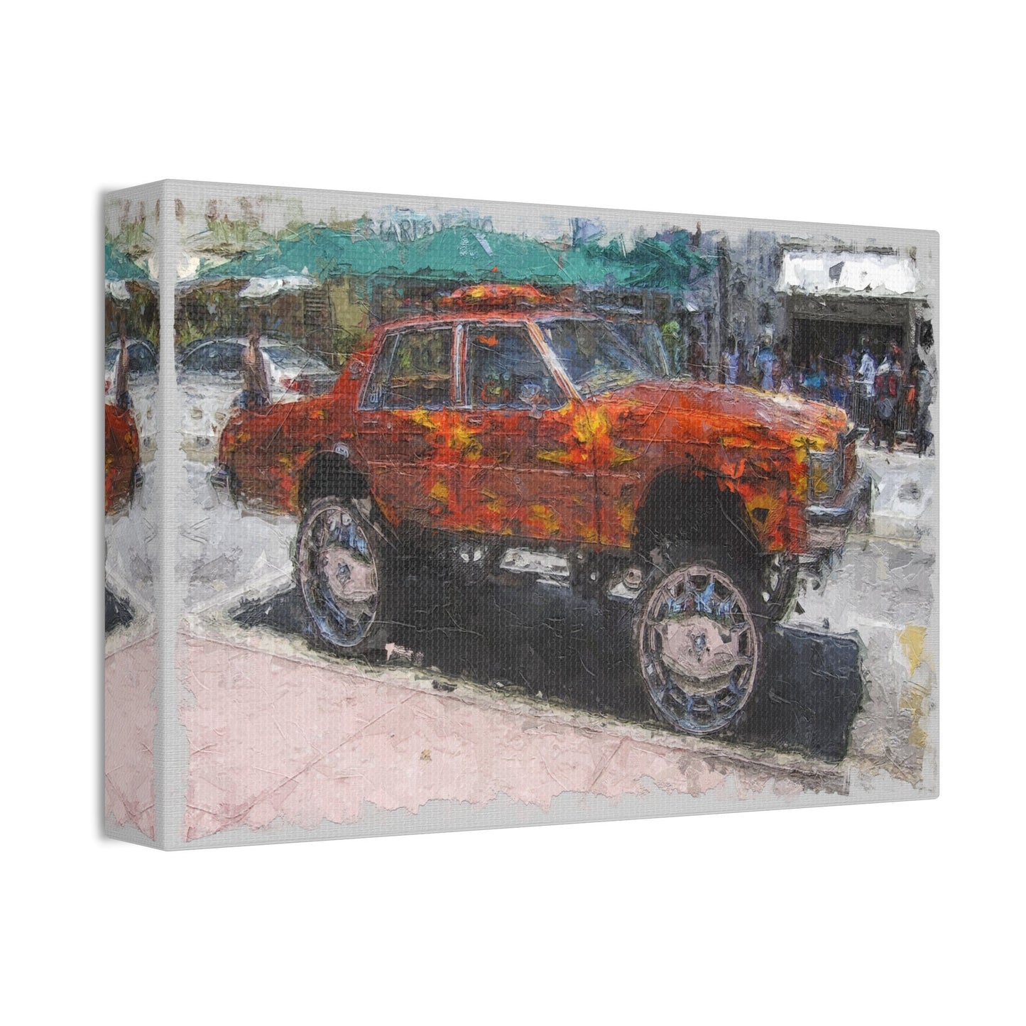 Unique College Dorm or New Apartment Wall Art | Oil Painted Car with Huge Rims. Ai generated.